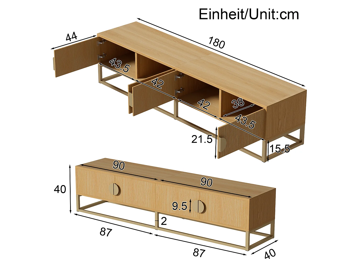 Houtkleur tv-meubel 180x40x40 cm met 4 deuren, halfronde handgrepen en soft-close scharnieren