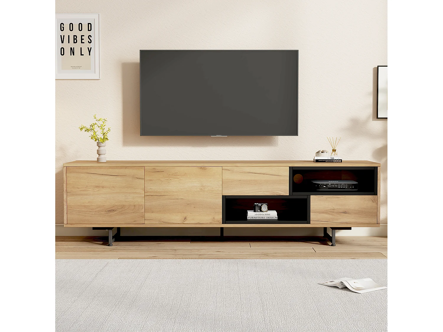 Houtkleur tv-meubel 173x38x48 cm met 2 deuren, 2 diagonale laden en 2 open vakken