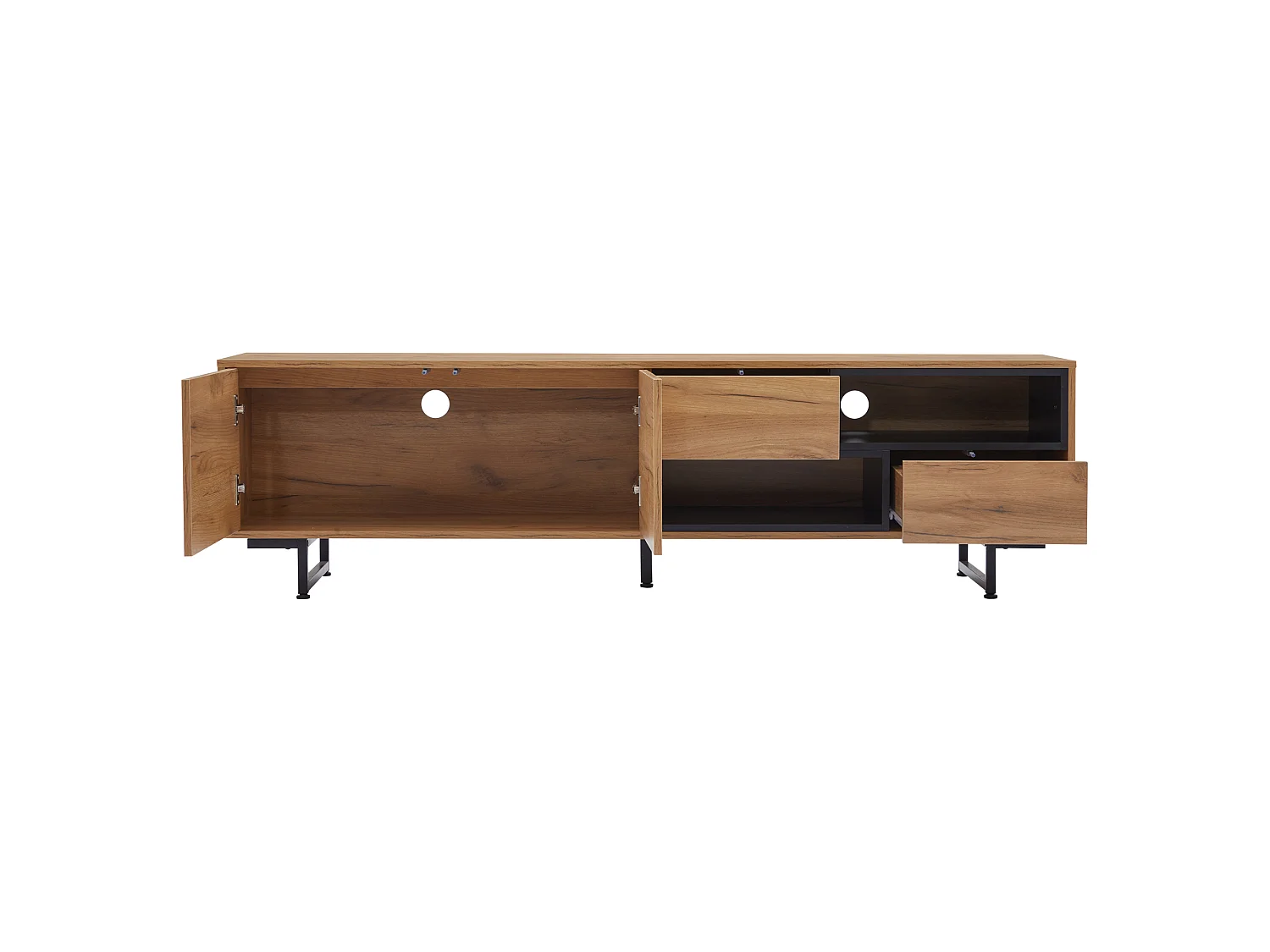 Houtkleur tv-meubel 173x38x48 cm met 2 deuren, 2 diagonale laden en 2 open vakken