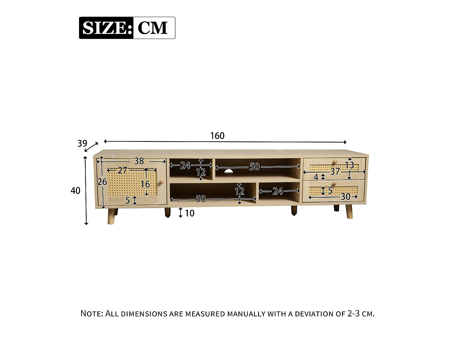 Eiken tv-meubel 160x39x40,5 cm met 2 rotting laden, 1 deur, kabeldoorvoer en 6 poten