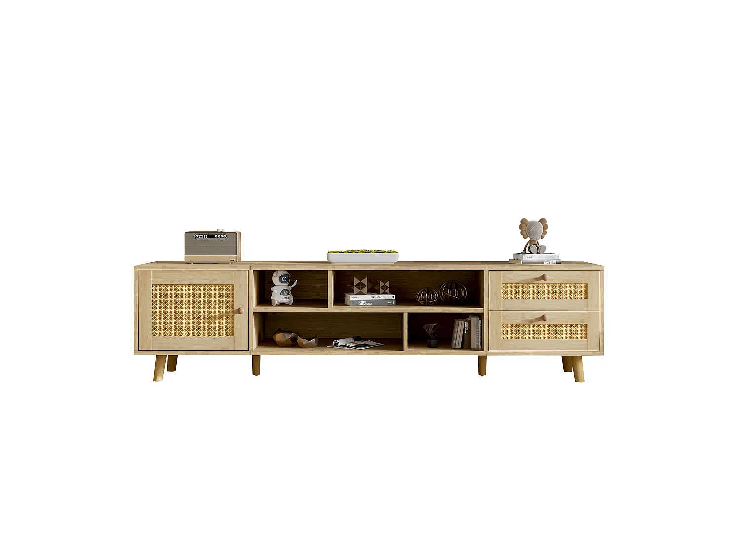 Eiken tv-meubel 160x39x40,5 cm met 2 rotting laden, 1 deur, kabeldoorvoer en 6 poten