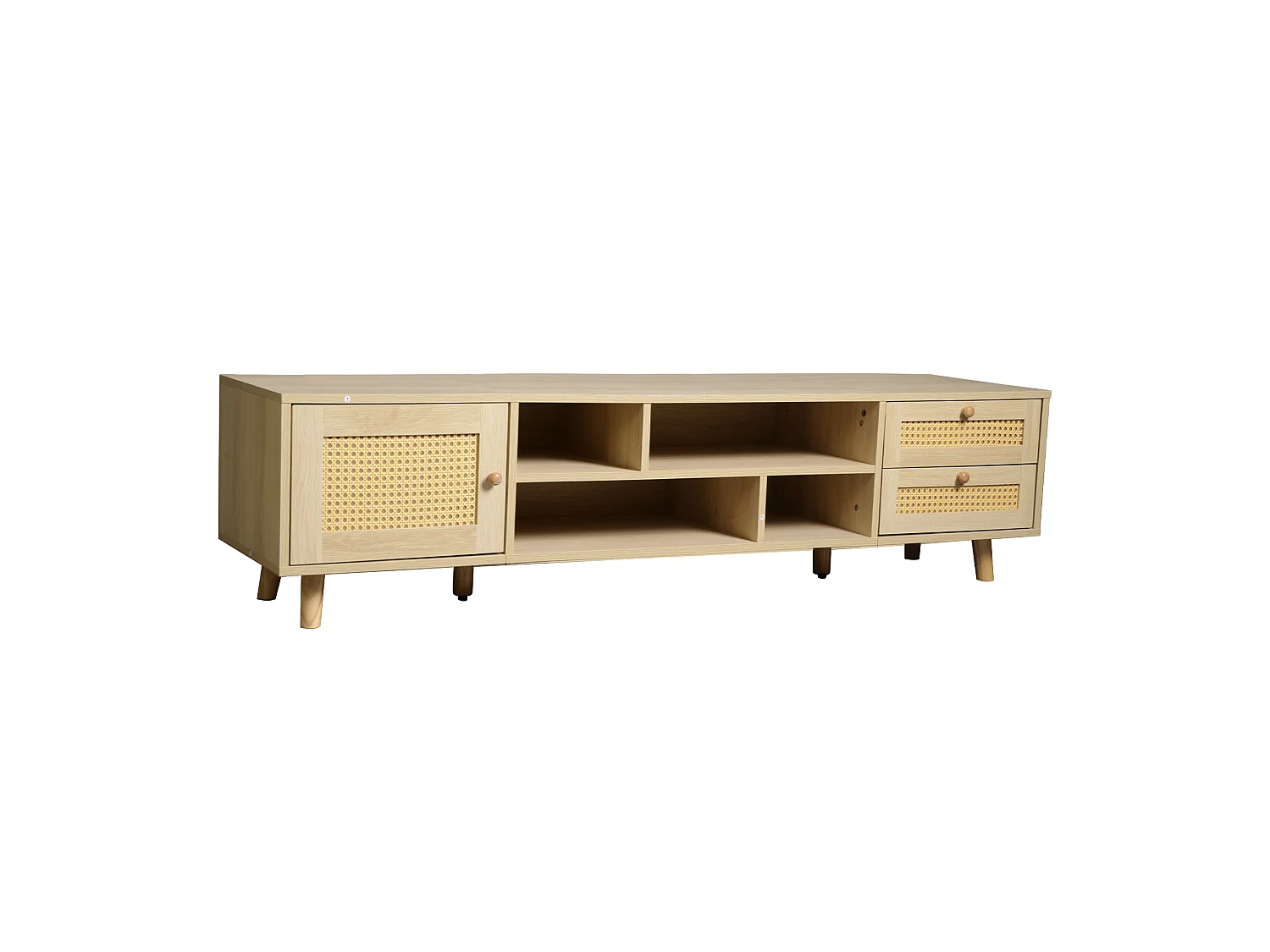 Eiken tv-meubel 160x39x40,5 cm met 2 rotting laden, 1 deur, kabeldoorvoer en 6 poten