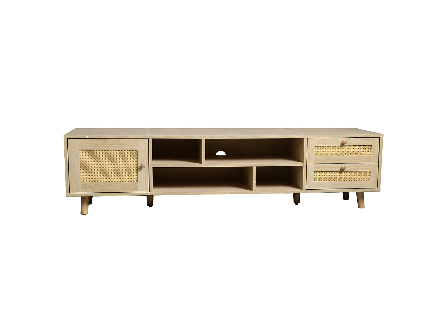 Eiken tv-meubel 160x39x40,5 cm met 2 rotting laden, 1 deur, kabeldoorvoer en 6 poten