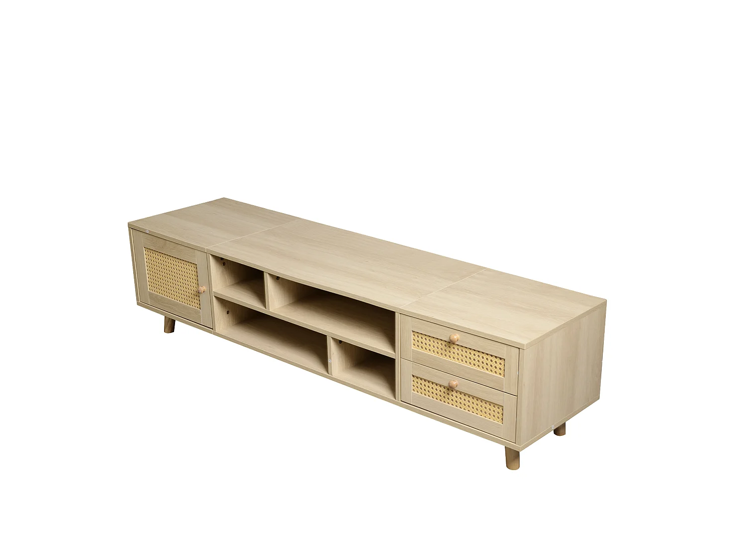 Eiken tv-meubel 160x39x40,5 cm met 2 rotting laden, 1 deur, kabeldoorvoer en 6 poten