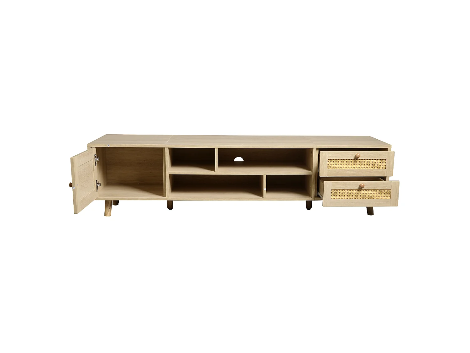 Eiken tv-meubel 160x39x40,5 cm met 2 rotting laden, 1 deur, kabeldoorvoer en 6 poten