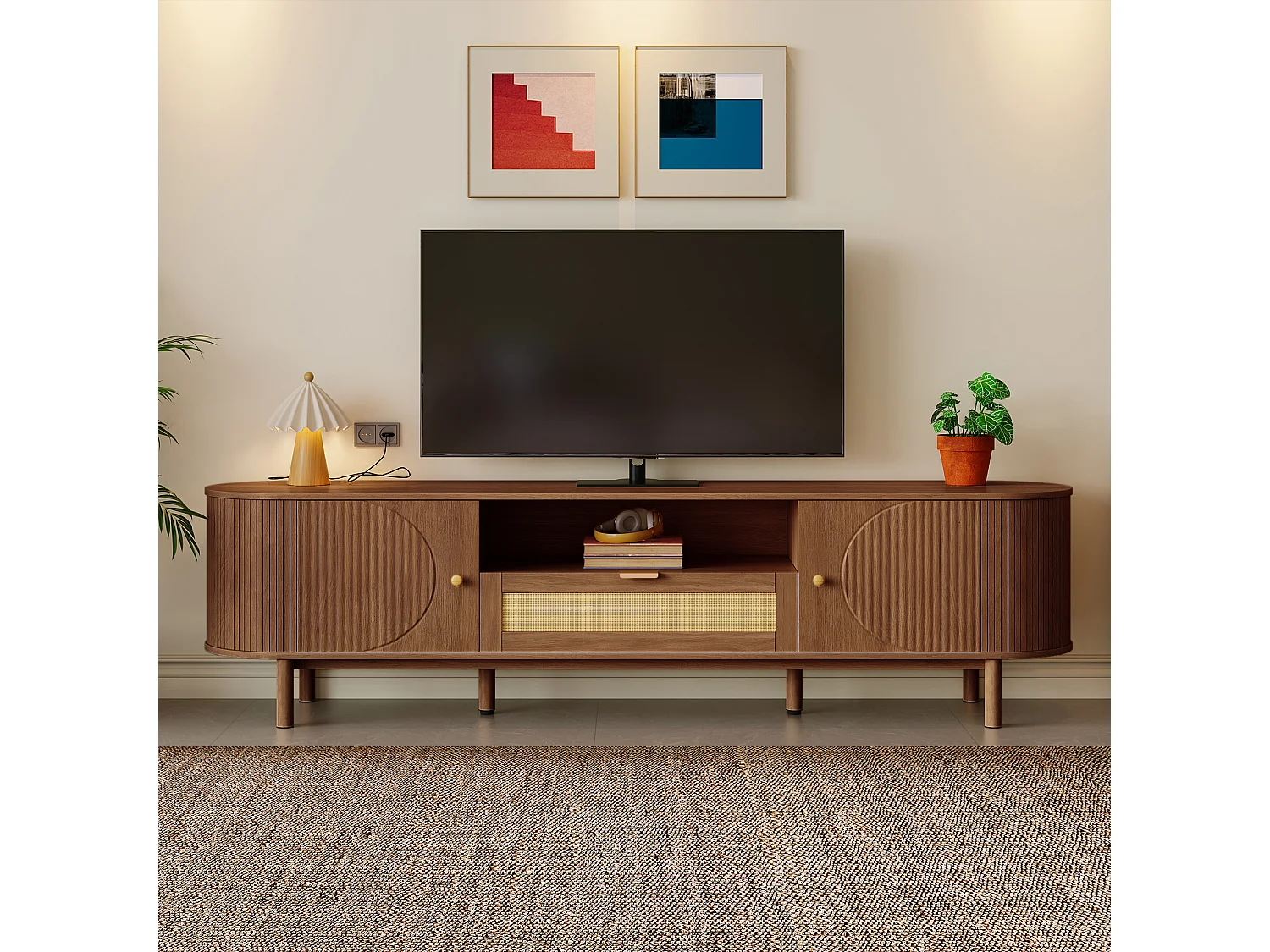Meuble tv noyer 175x36x51 cm avec portes arrondies, tiroirs et niche ouverte