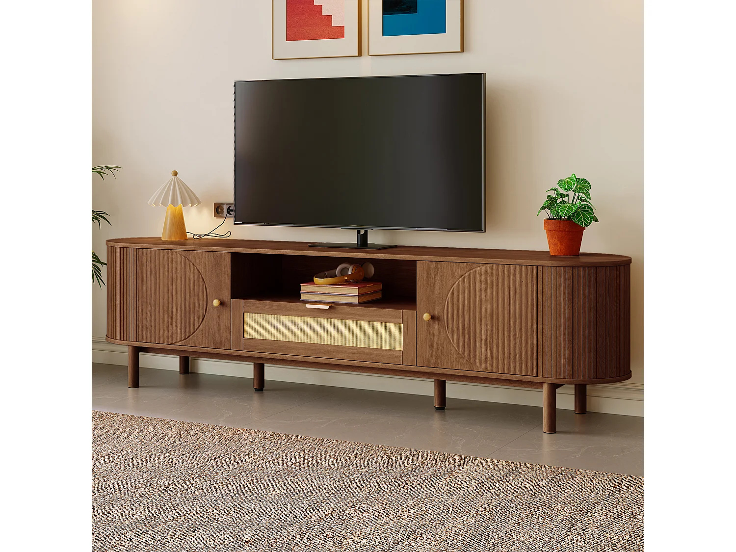 Meuble tv noyer 175x36x51 cm avec portes arrondies, tiroirs et niche ouverte