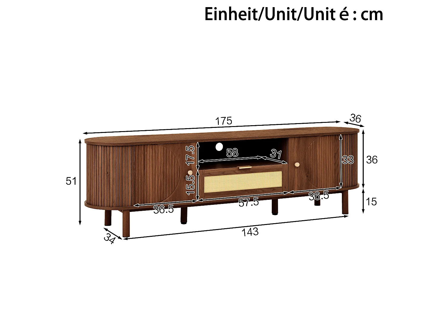 Meuble tv noyer 175x36x51 cm avec portes arrondies, tiroirs et niche ouverte