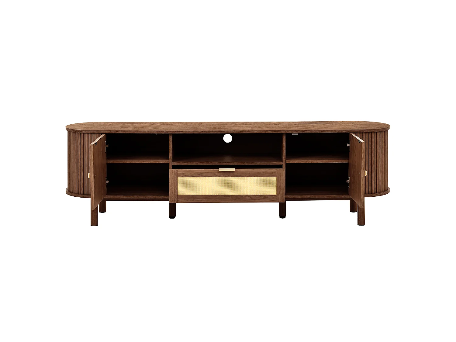 Meuble tv noyer 175x36x51 cm avec portes arrondies, tiroirs et niche ouverte