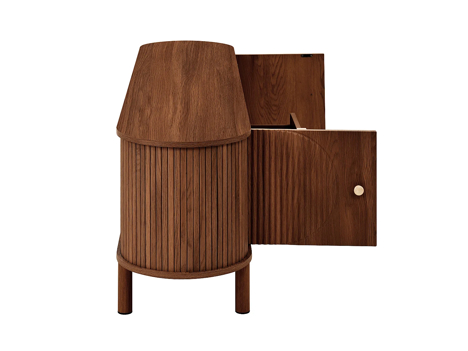 Meuble tv noyer 175x36x51 cm avec portes arrondies, tiroirs et niche ouverte