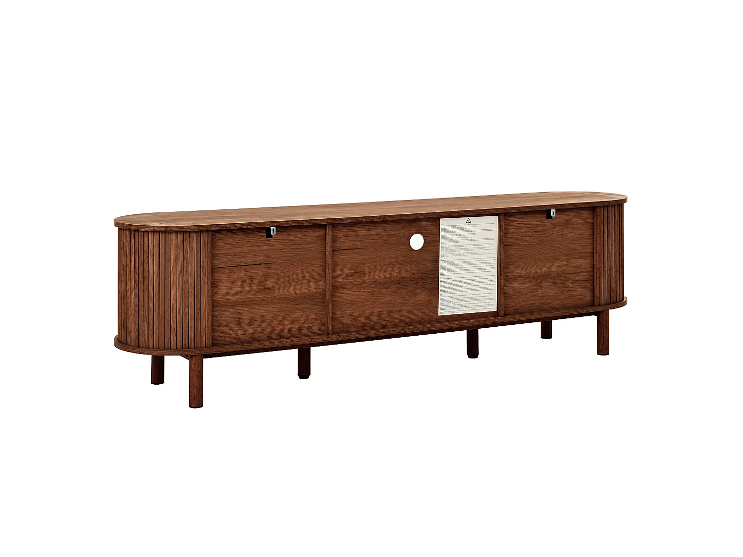 Meuble tv noyer 175x36x51 cm avec portes arrondies, tiroirs et niche ouverte