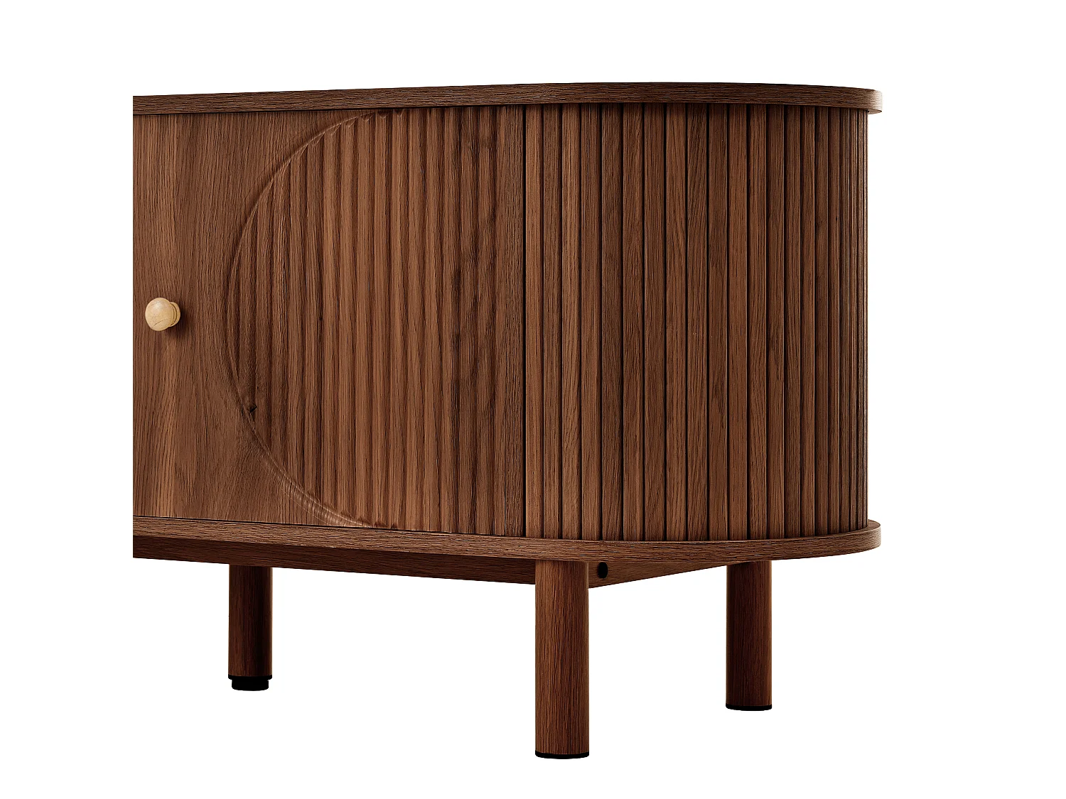 Meuble tv noyer 175x36x51 cm avec portes arrondies, tiroirs et niche ouverte