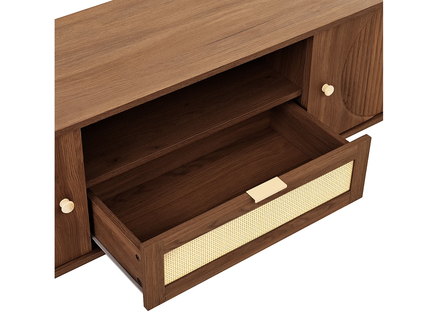 Meuble tv noyer 175x36x51 cm avec portes arrondies, tiroirs et niche ouverte