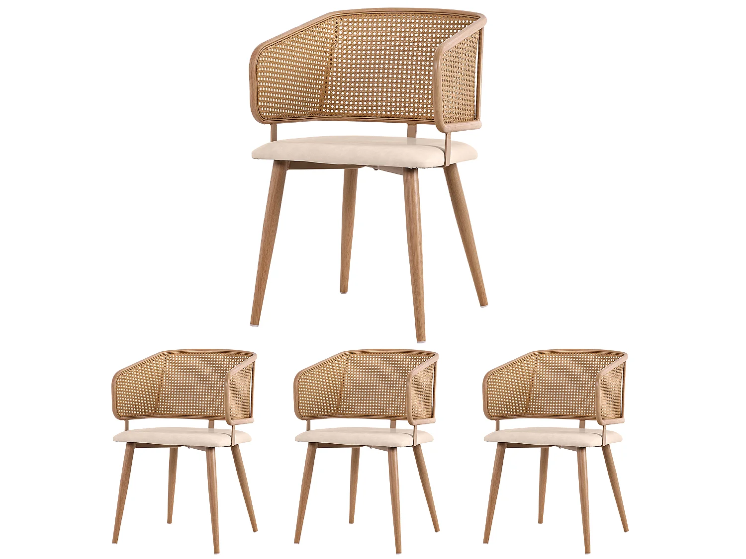 Set di 4 sedie da pranzo in rattan e similpelle con gambe in metallo effetto legno – naturale e beige