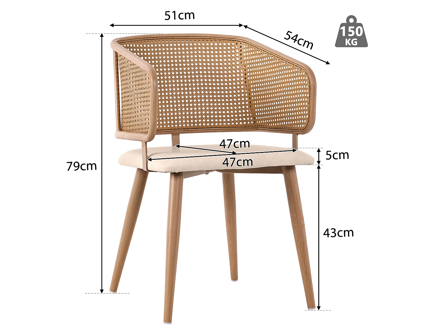 Set di 4 sedie da pranzo in rattan e similpelle con gambe in metallo effetto legno – naturale e beige