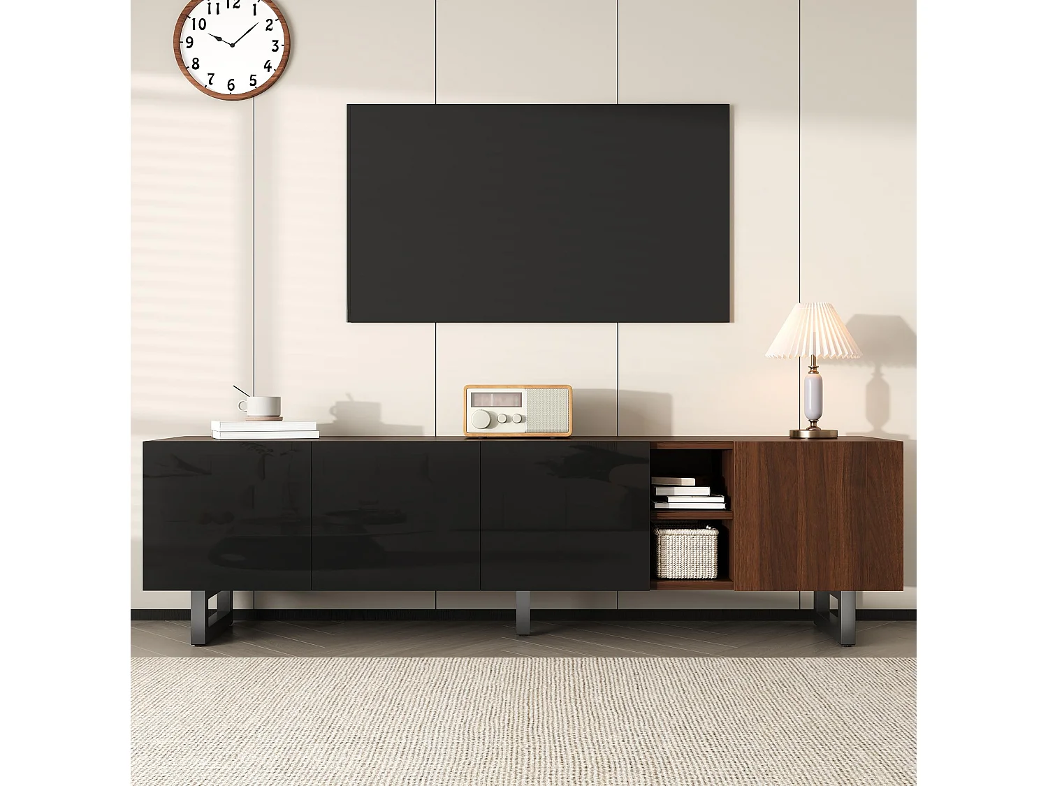 Meuble tv noir et naturel 180x38x50 cm avec portes brillantes sans poignées et cadre métal
