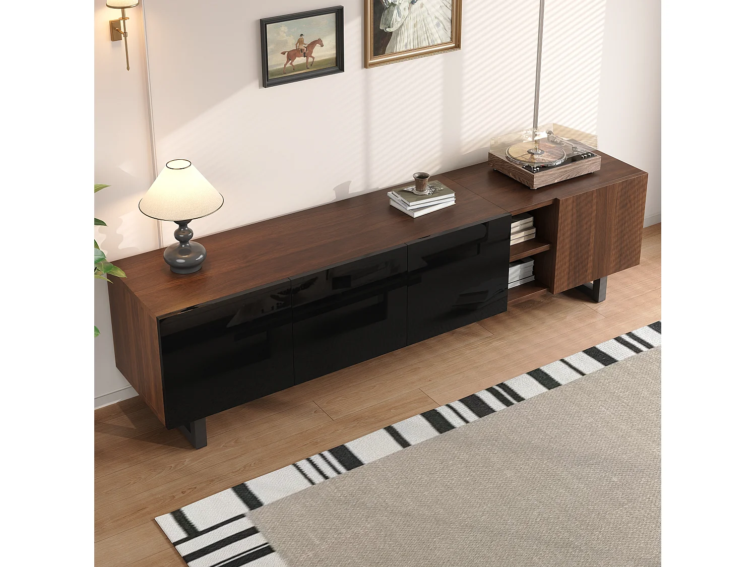 Meuble tv noir et naturel 180x38x50 cm avec portes brillantes sans poignées et cadre métal