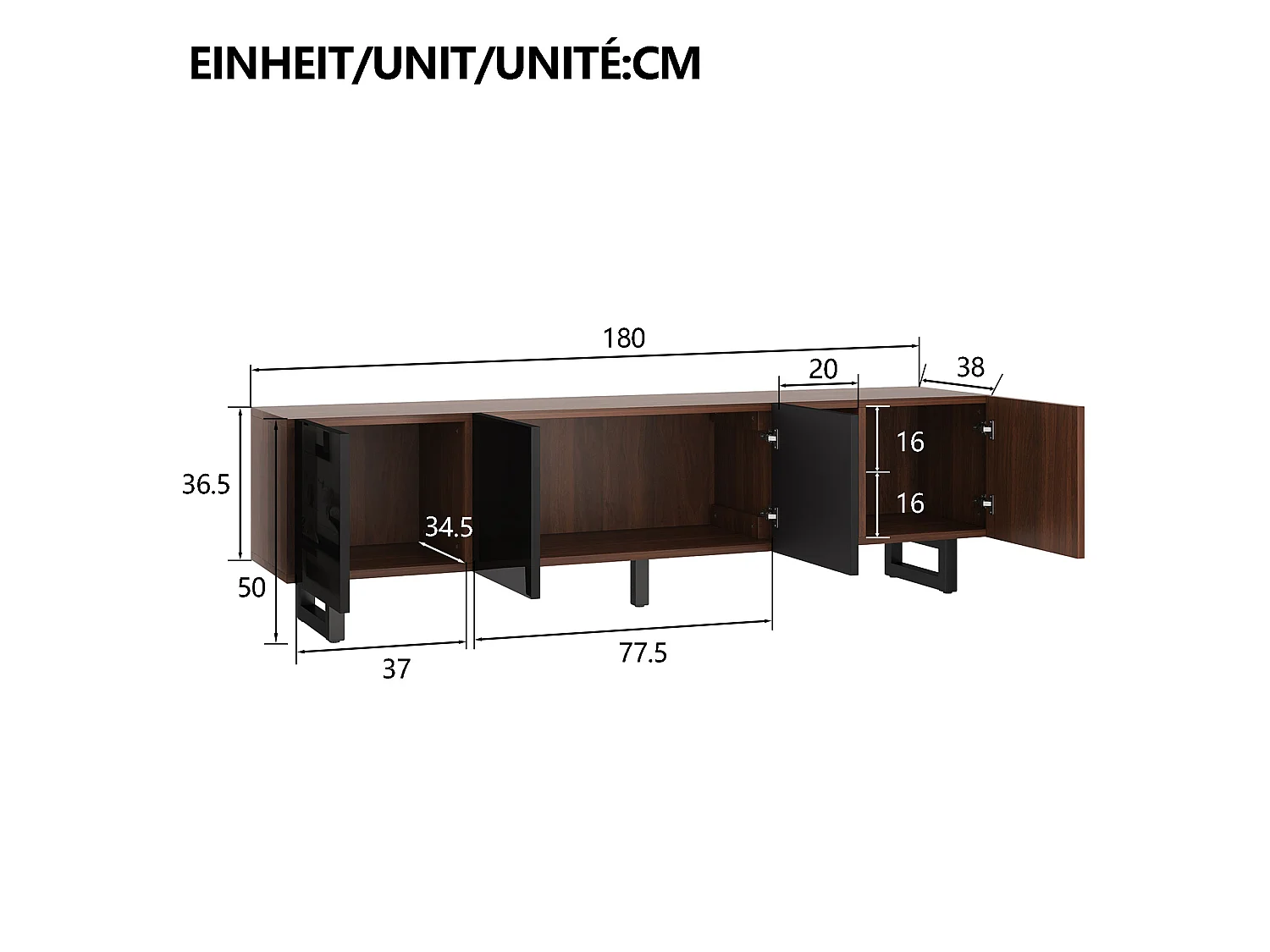 Meuble tv noir et naturel 180x38x50 cm avec portes brillantes sans poignées et cadre métal