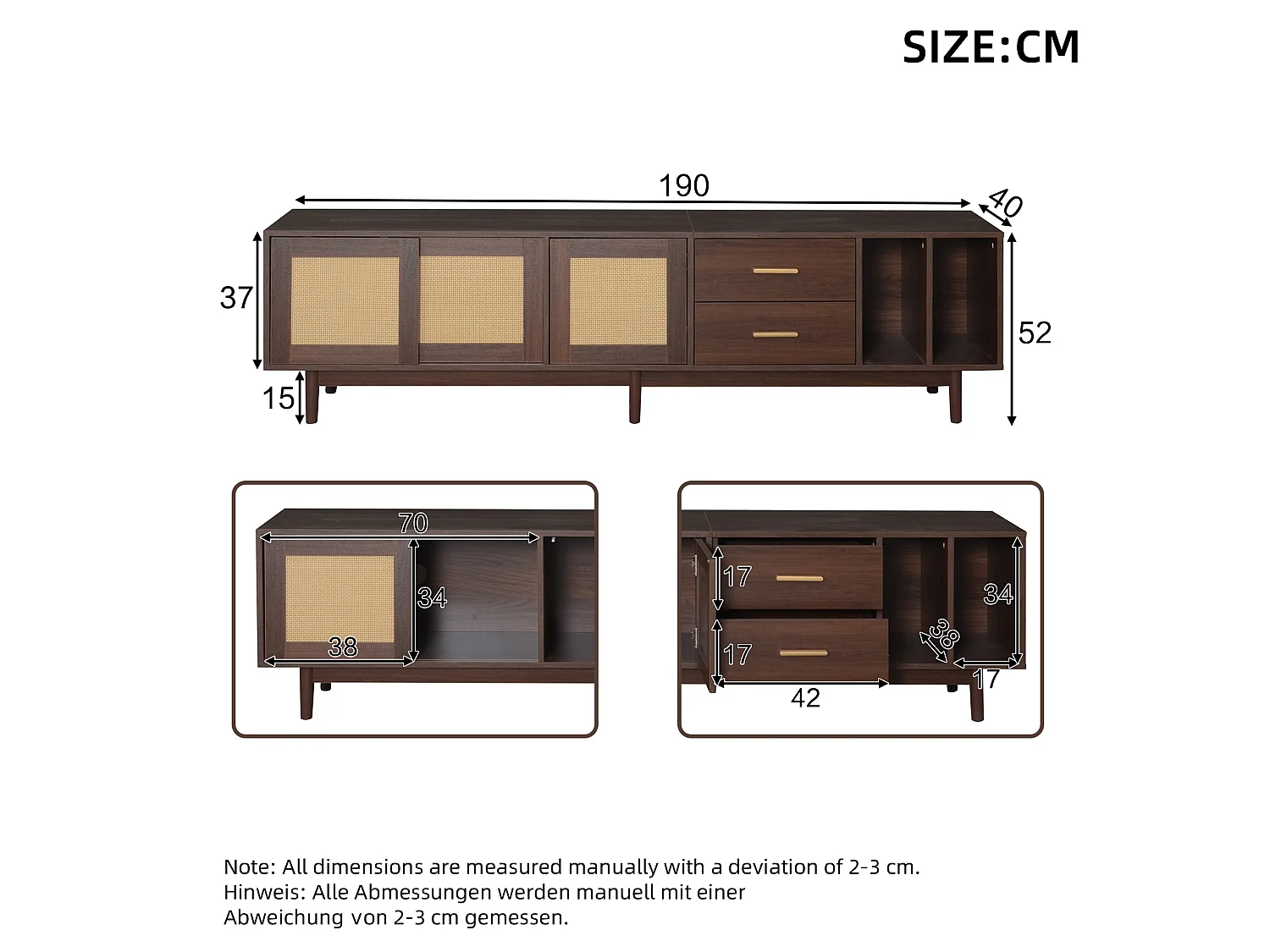 Meuble tv marron 190x40x52 cm en mdf avec portes en rotin, 2 tiroirs, 3 portes et 6 pieds