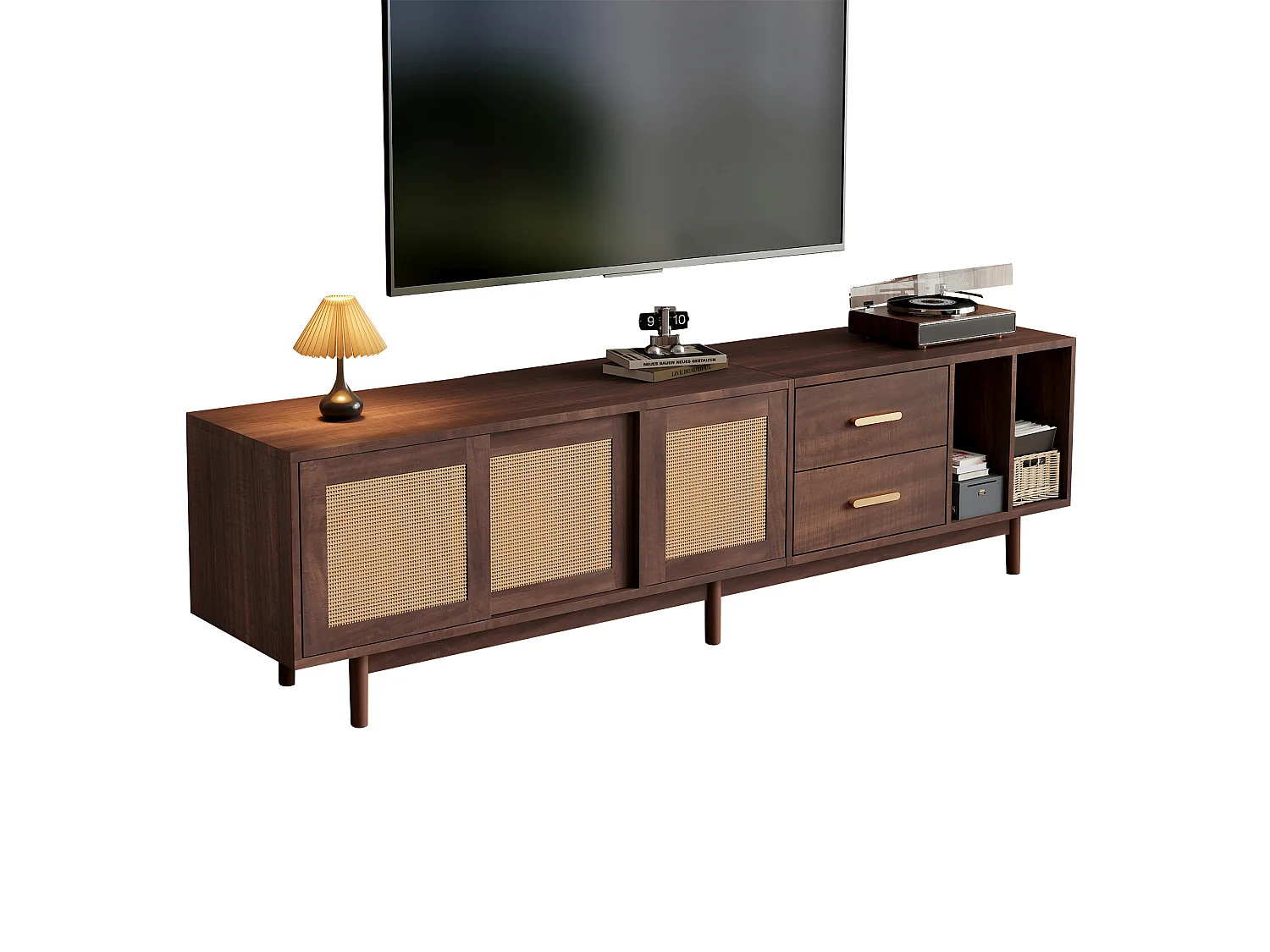 Meuble tv marron 190x40x52 cm en mdf avec portes en rotin, 2 tiroirs, 3 portes et 6 pieds
