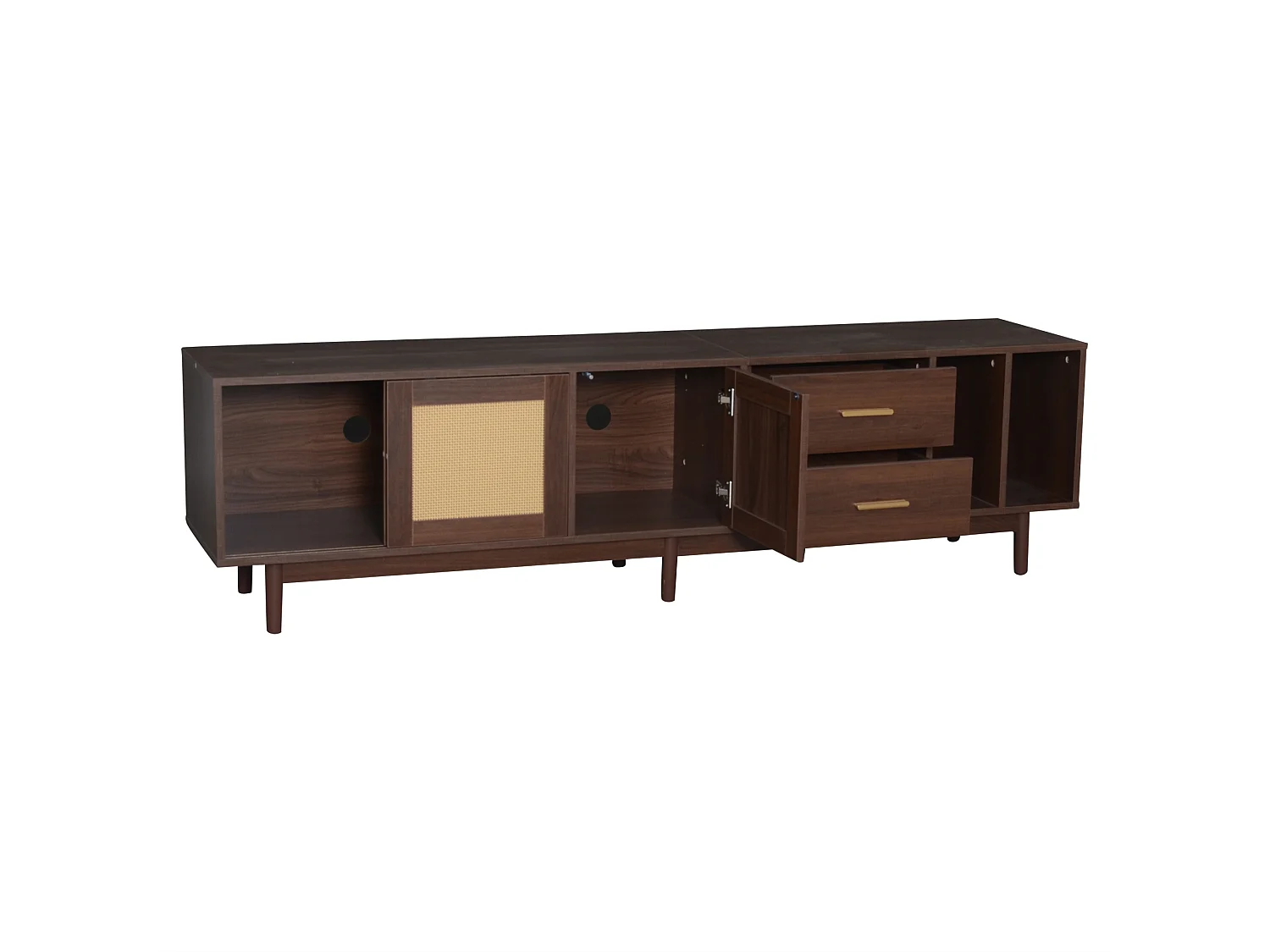 Meuble tv marron 190x40x52 cm en mdf avec portes en rotin, 2 tiroirs, 3 portes et 6 pieds