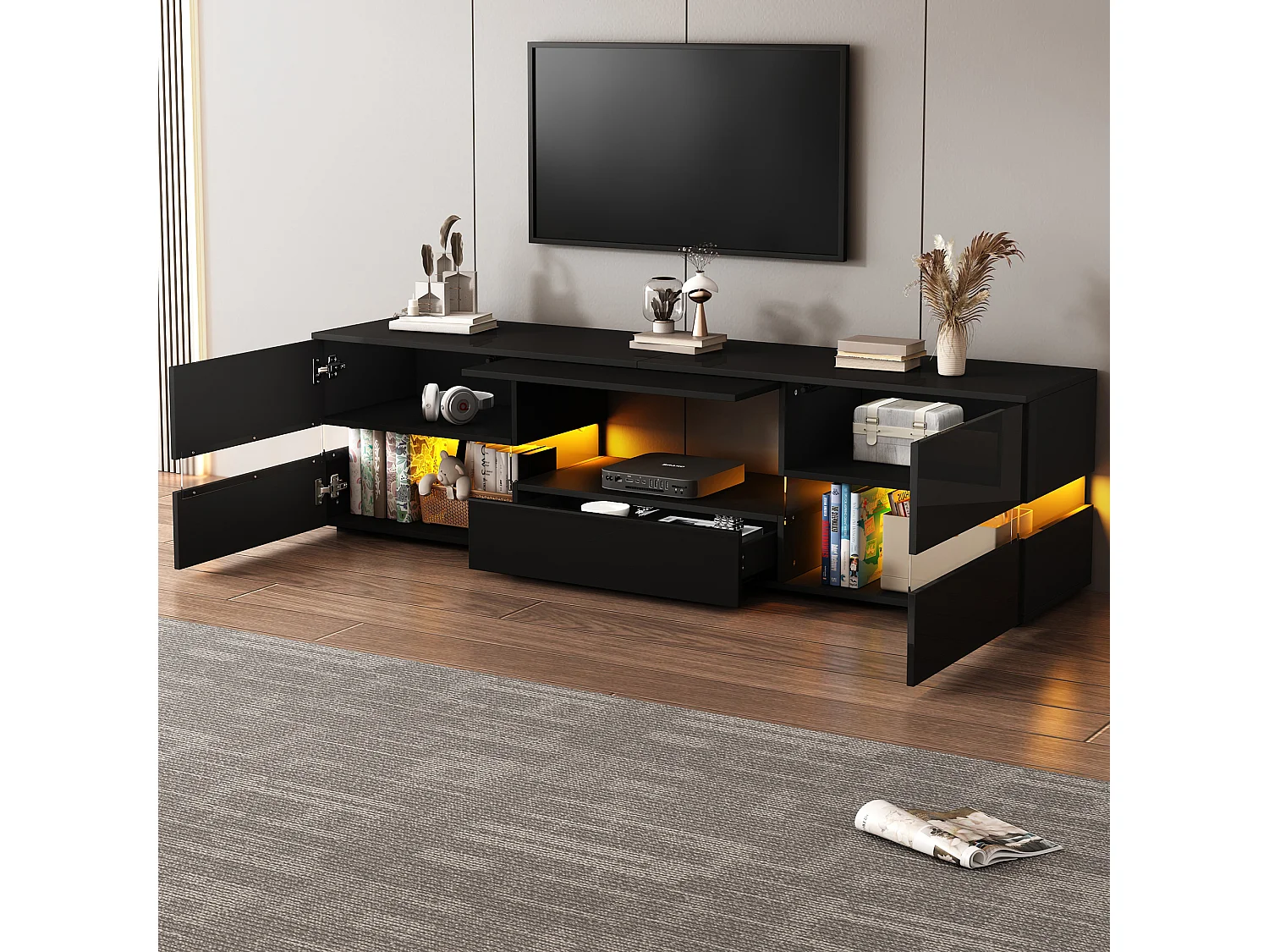 Szafka RTV czarna 160x39x45 cm z led, 2 drzwiami, 1 szufladą, otwartą wnęką i połyskującym frontem