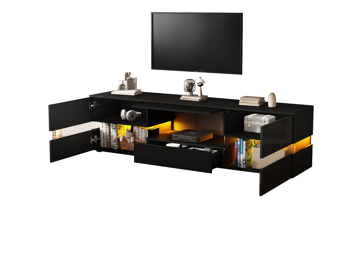 Szafka RTV czarna 160x39x45 cm z led, 2 drzwiami, 1 szufladą, otwartą wnęką i połyskującym frontem