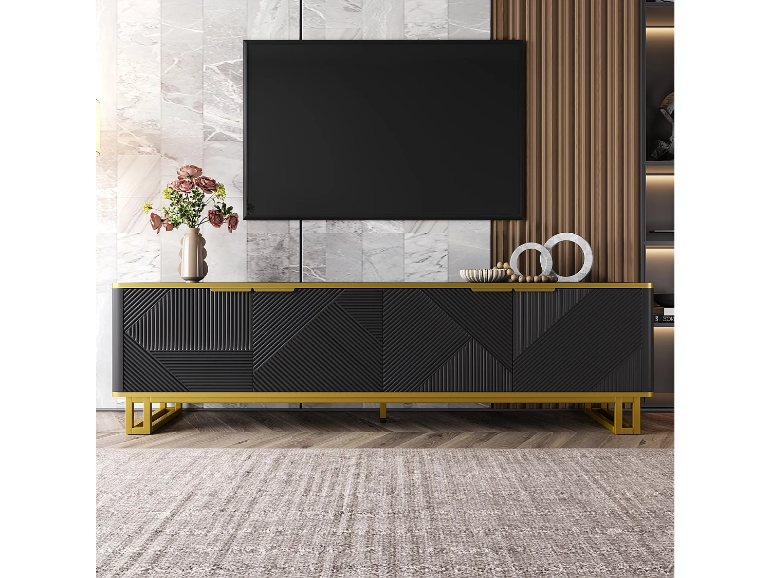 Szafka RTV czarna 160x37,5x48 cm z kilkoma drzwiami, otwartą przestrzenią, przepustem i żelazną konstrukcją