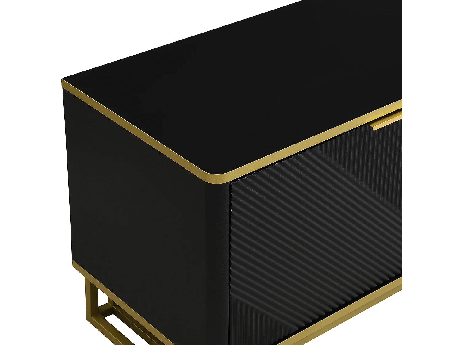 Szafka RTV czarna 160x37,5x48 cm z kilkoma drzwiami, otwartą przestrzenią, przepustem i żelazną konstrukcją