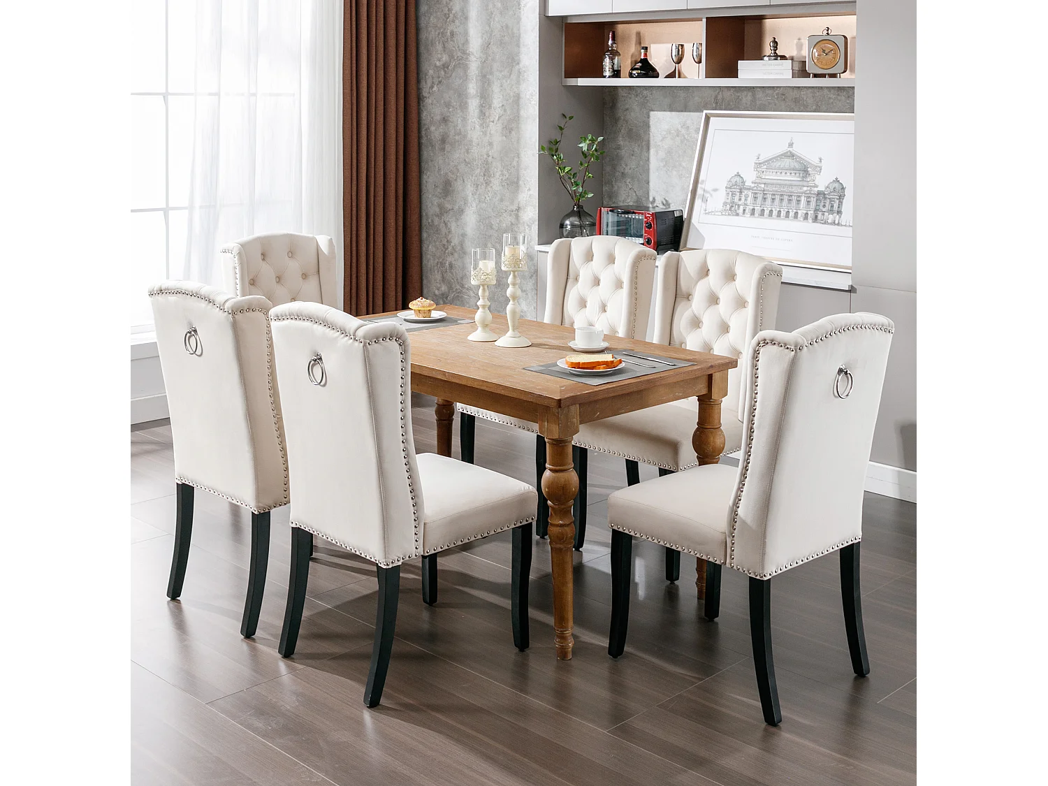 Lot de 2 chaises  salle à manger en velours avec pieds en chêne, boutons et clous décoratifs - beige