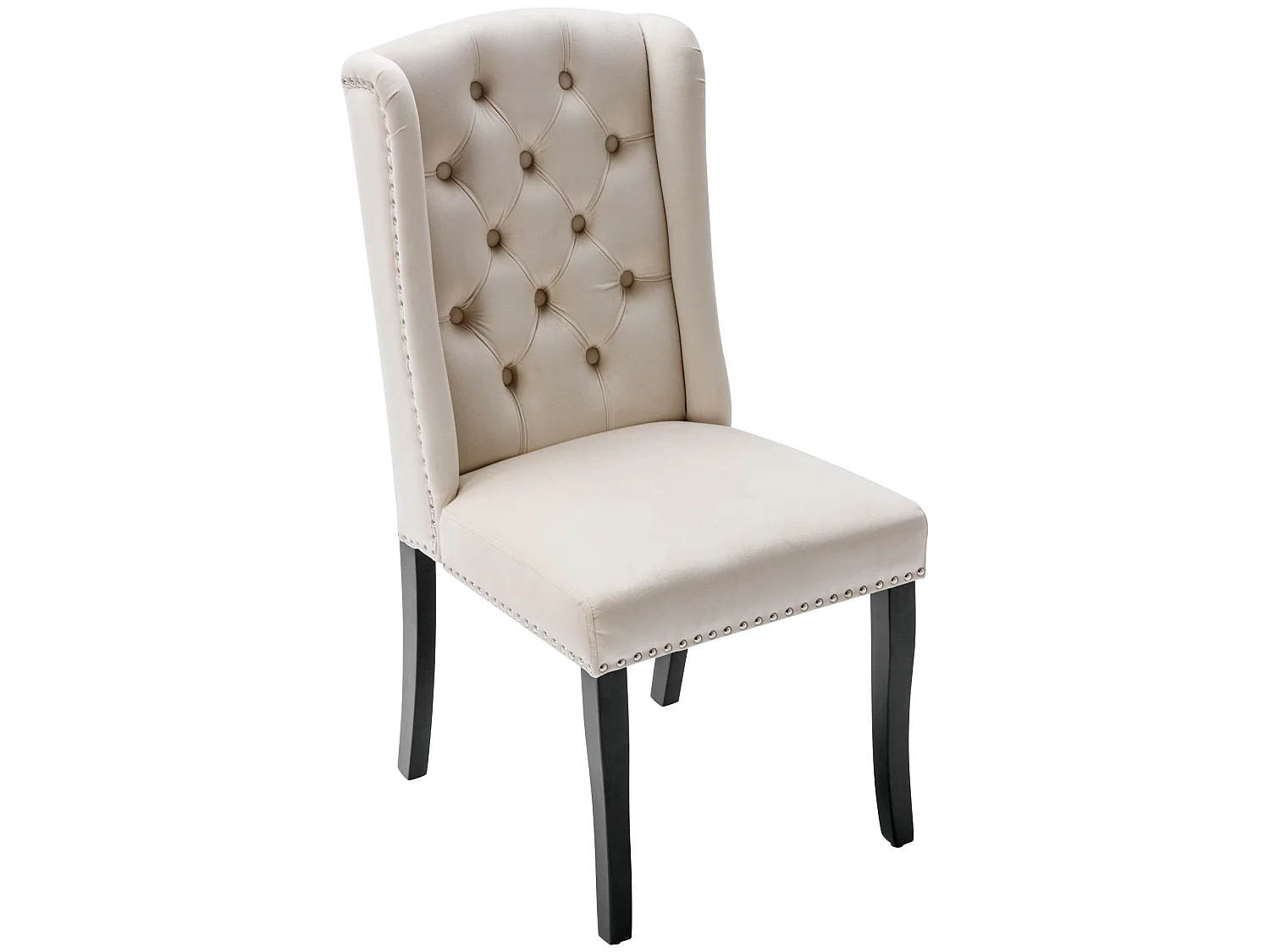 Lot de 2 chaises  salle à manger en velours avec pieds en chêne, boutons et clous décoratifs - beige