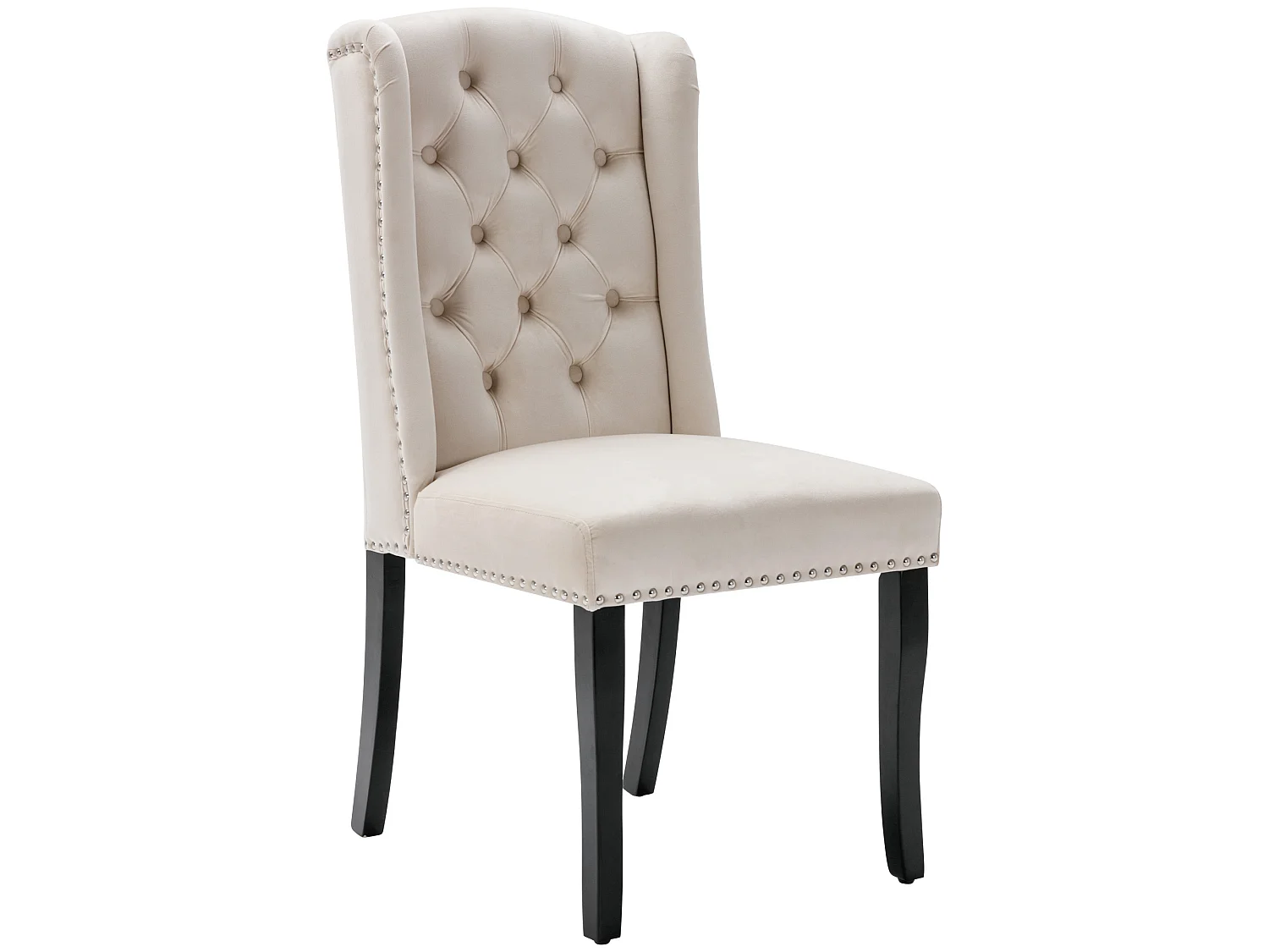 Lot de 2 chaises  salle à manger en velours avec pieds en chêne, boutons et clous décoratifs - beige