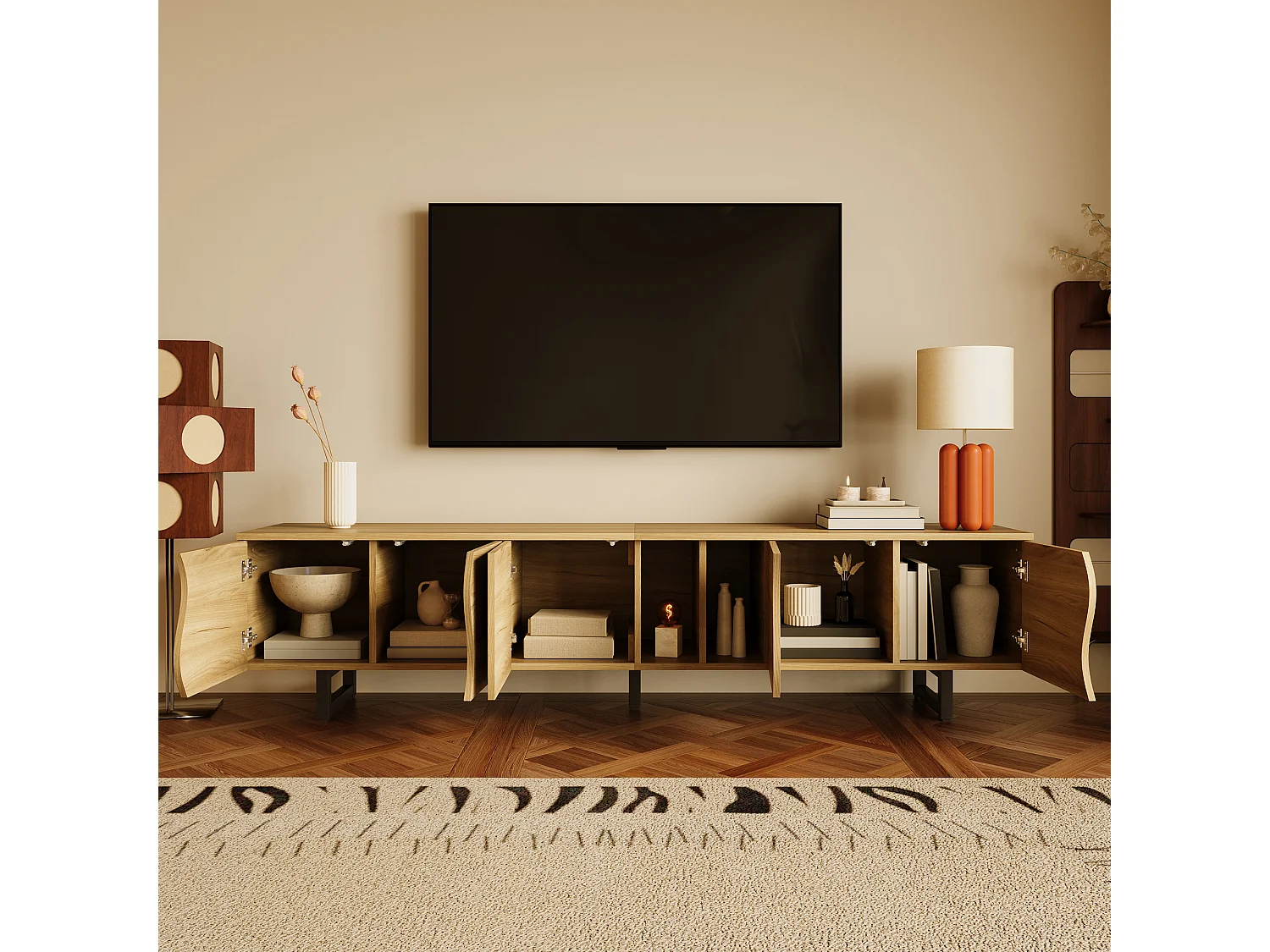 Natuurlijk tv-meubel 191x38x46,5 cm met open planken, gesloten vakken en ijzeren structuur