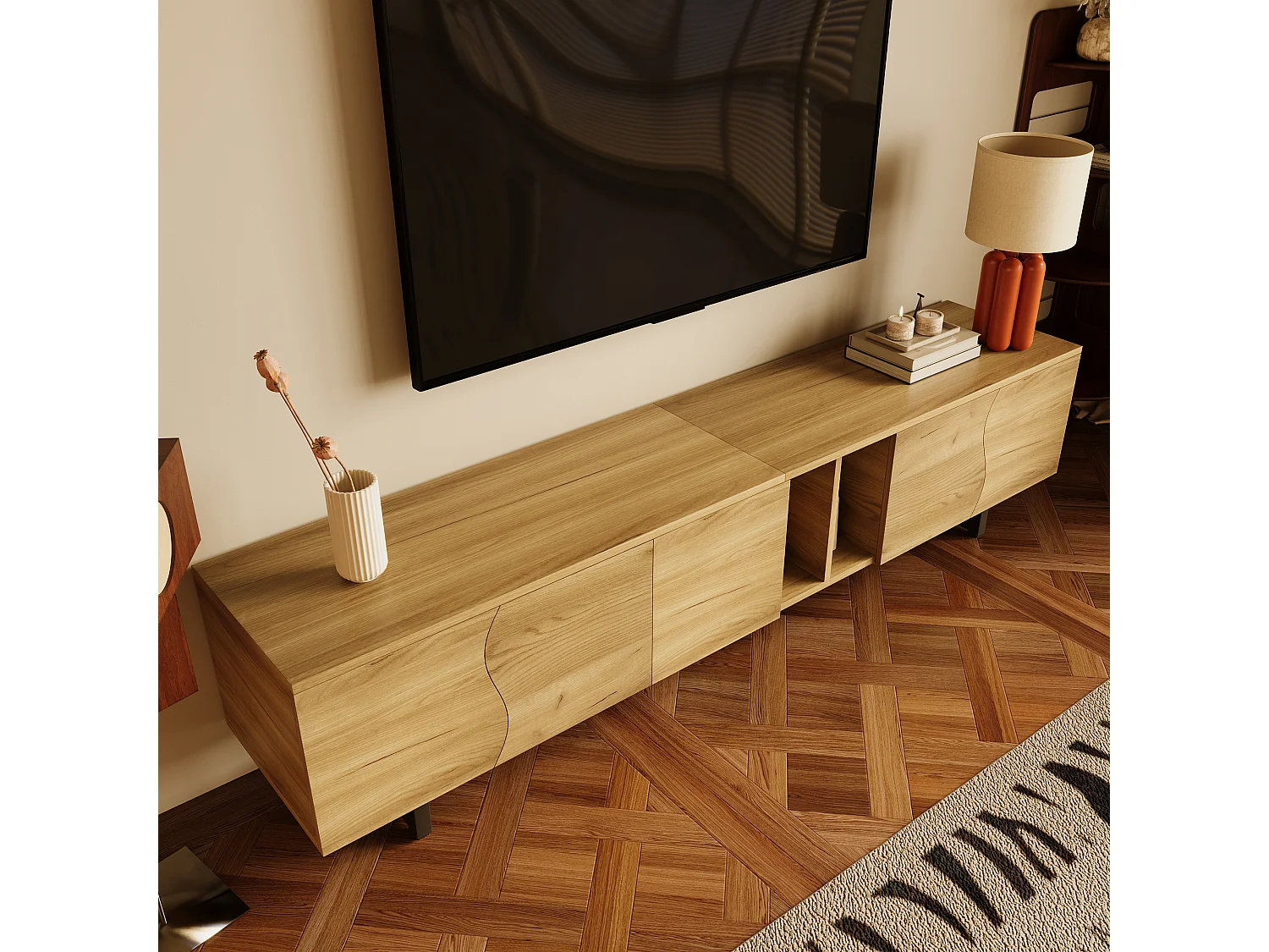 Natuurlijk tv-meubel 191x38x46,5 cm met open planken, gesloten vakken en ijzeren structuur