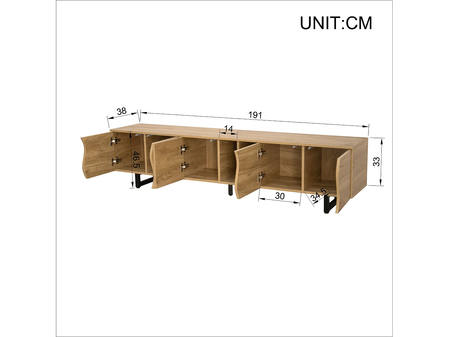 Natuurlijk tv-meubel 191x38x46,5 cm met open planken, gesloten vakken en ijzeren structuur