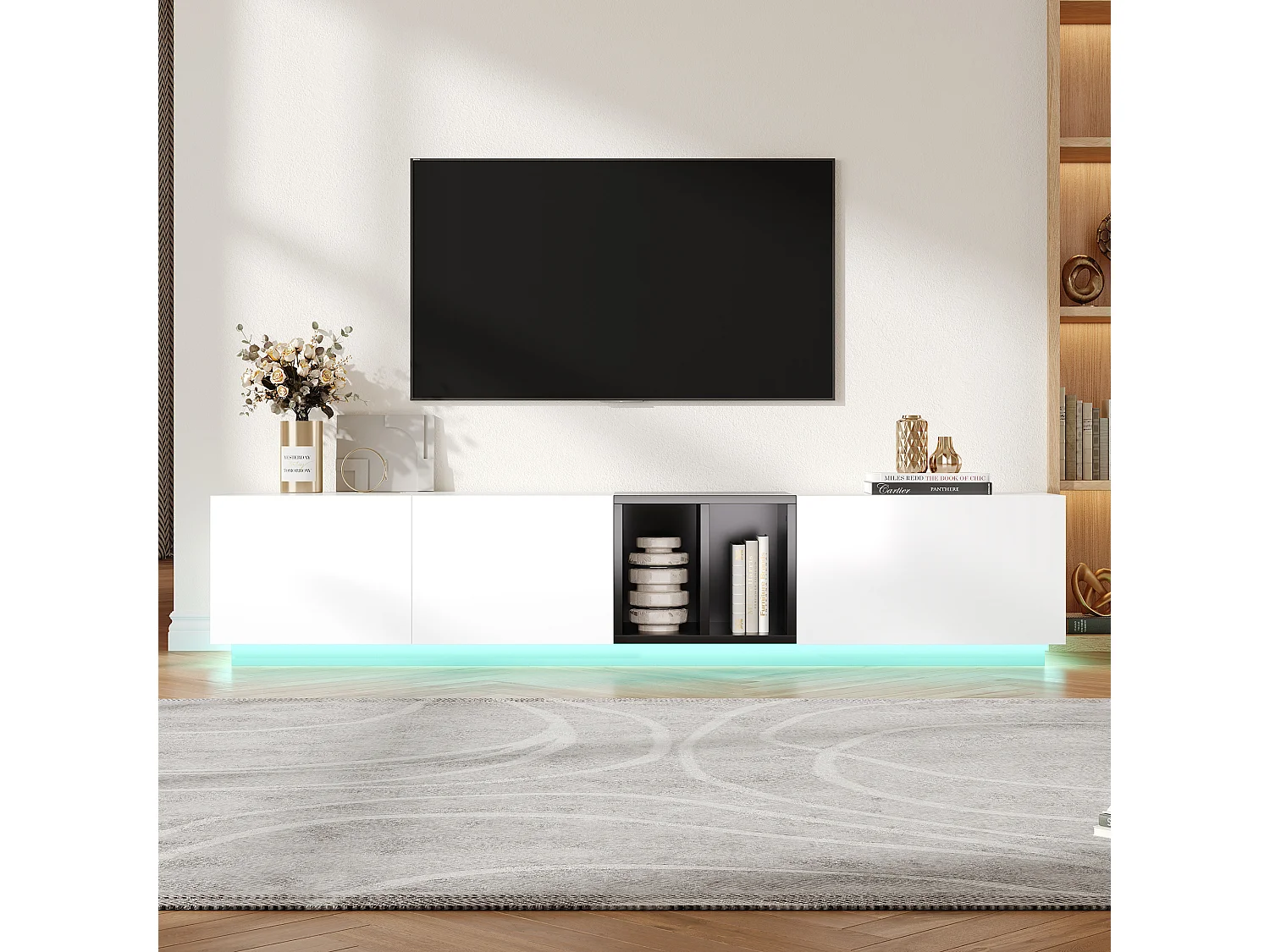 Mueble TV blanco y negro 190x40x35 cm con estantes abiertos, armarios y cajones