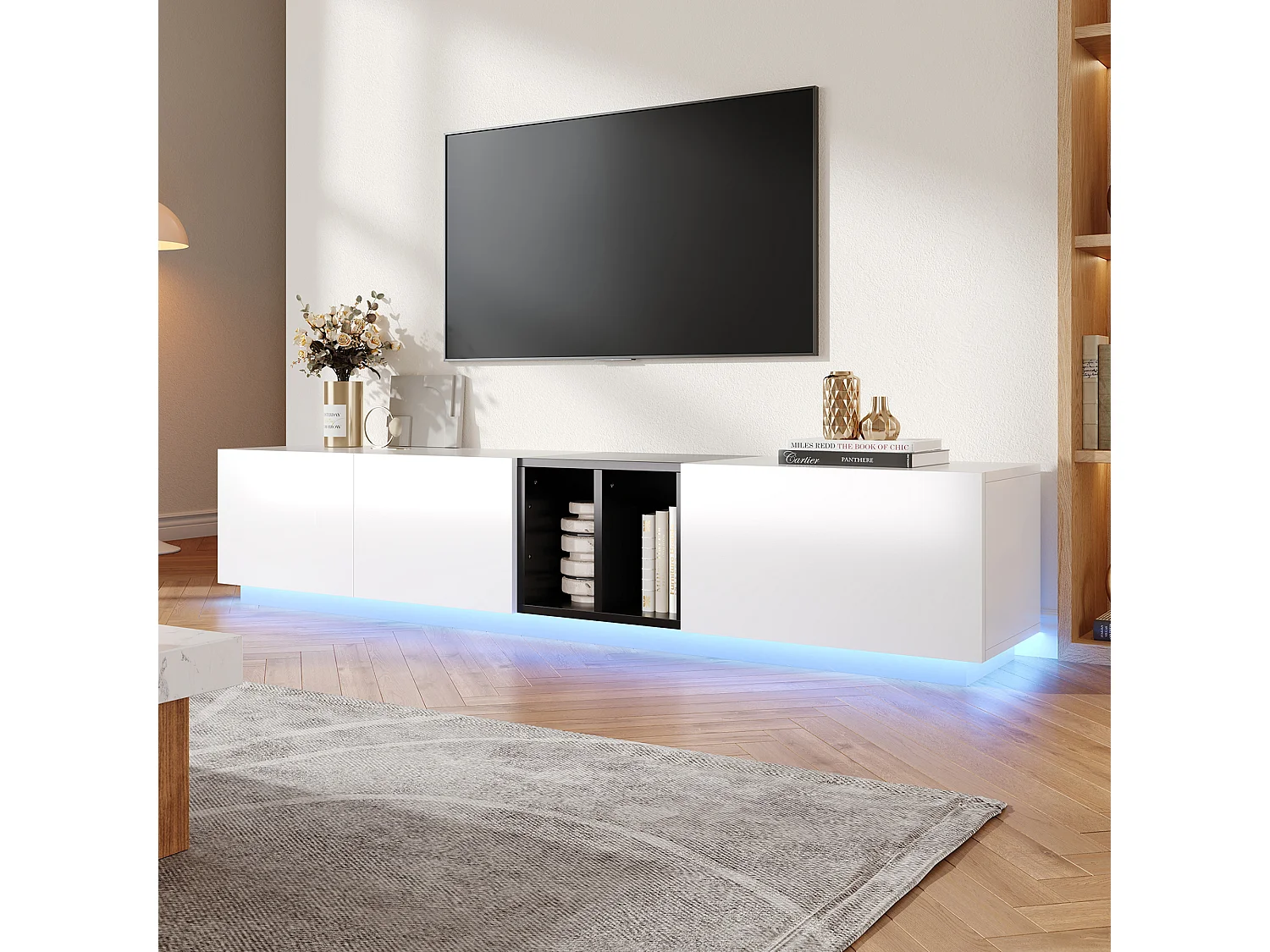 Mueble TV blanco y negro 190x40x35 cm con estantes abiertos, armarios y cajones