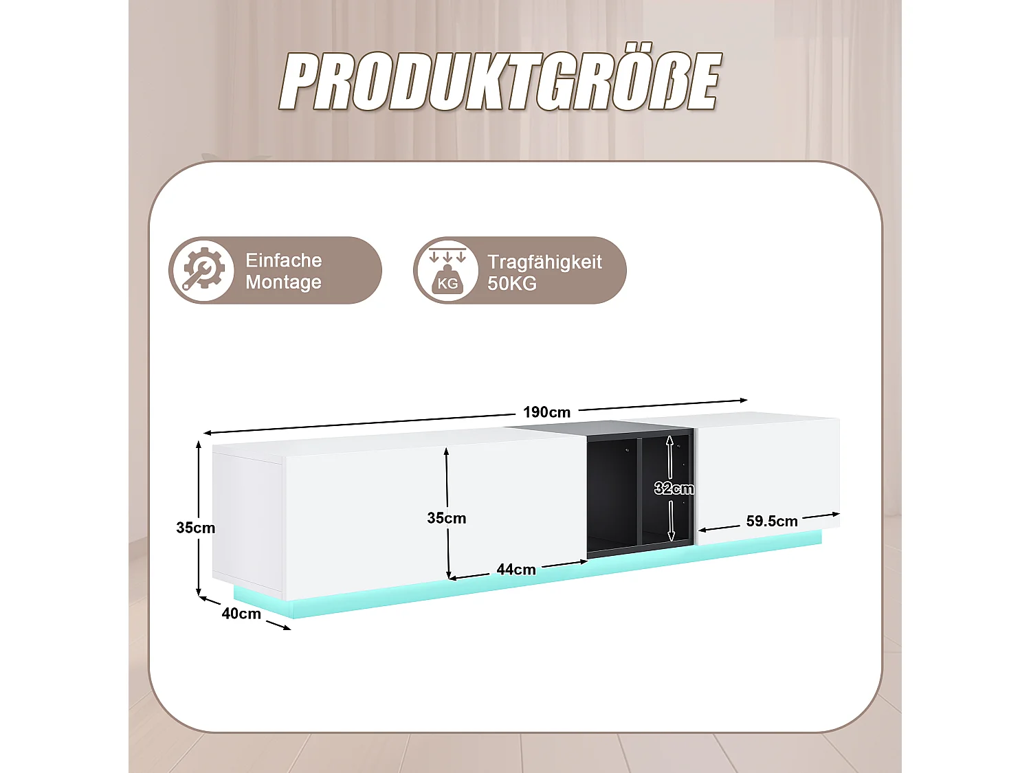 Mueble TV blanco y negro 190x40x35 cm con estantes abiertos, armarios y cajones