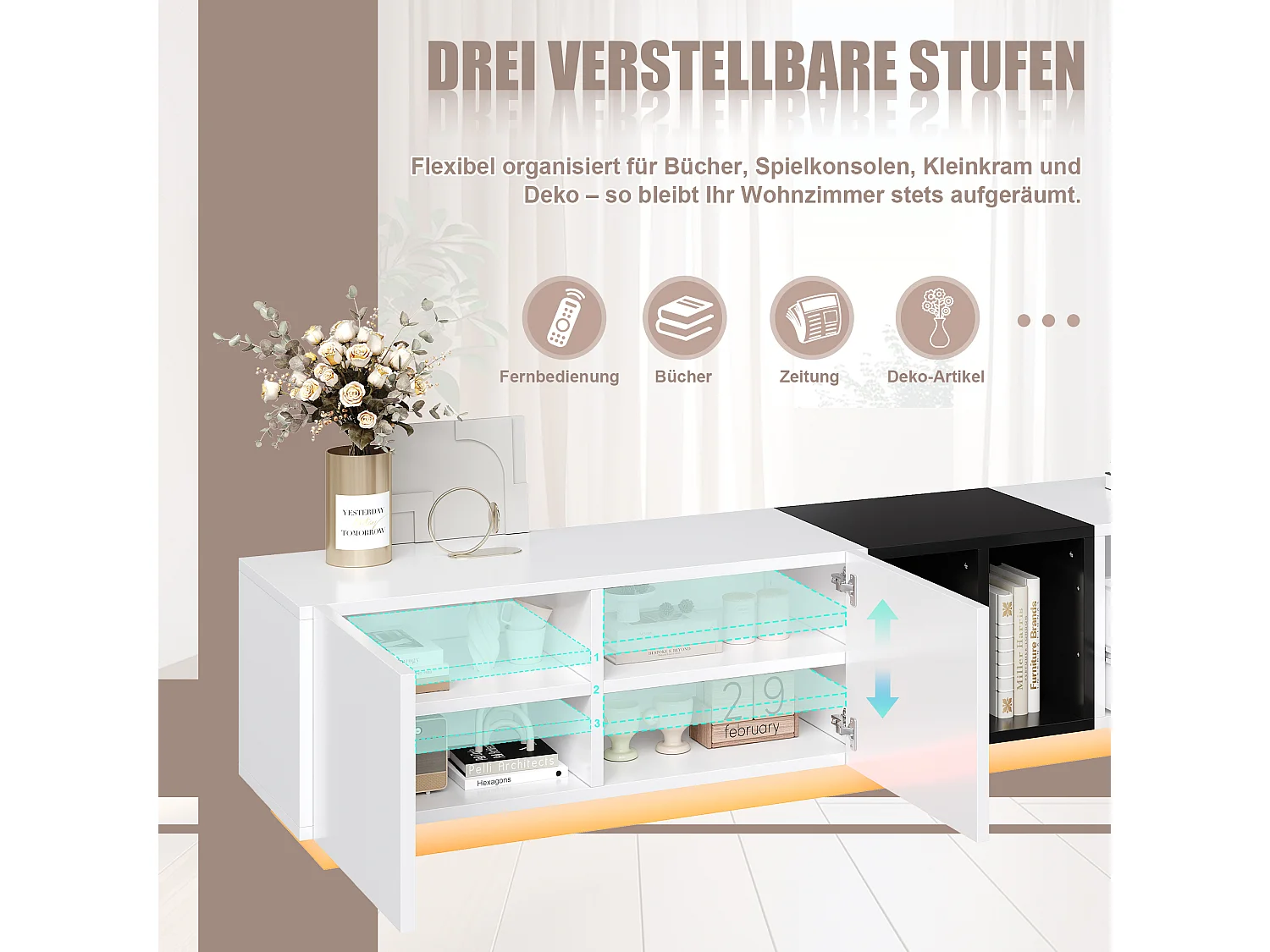 Mueble TV blanco y negro 190x40x35 cm con estantes abiertos, armarios y cajones
