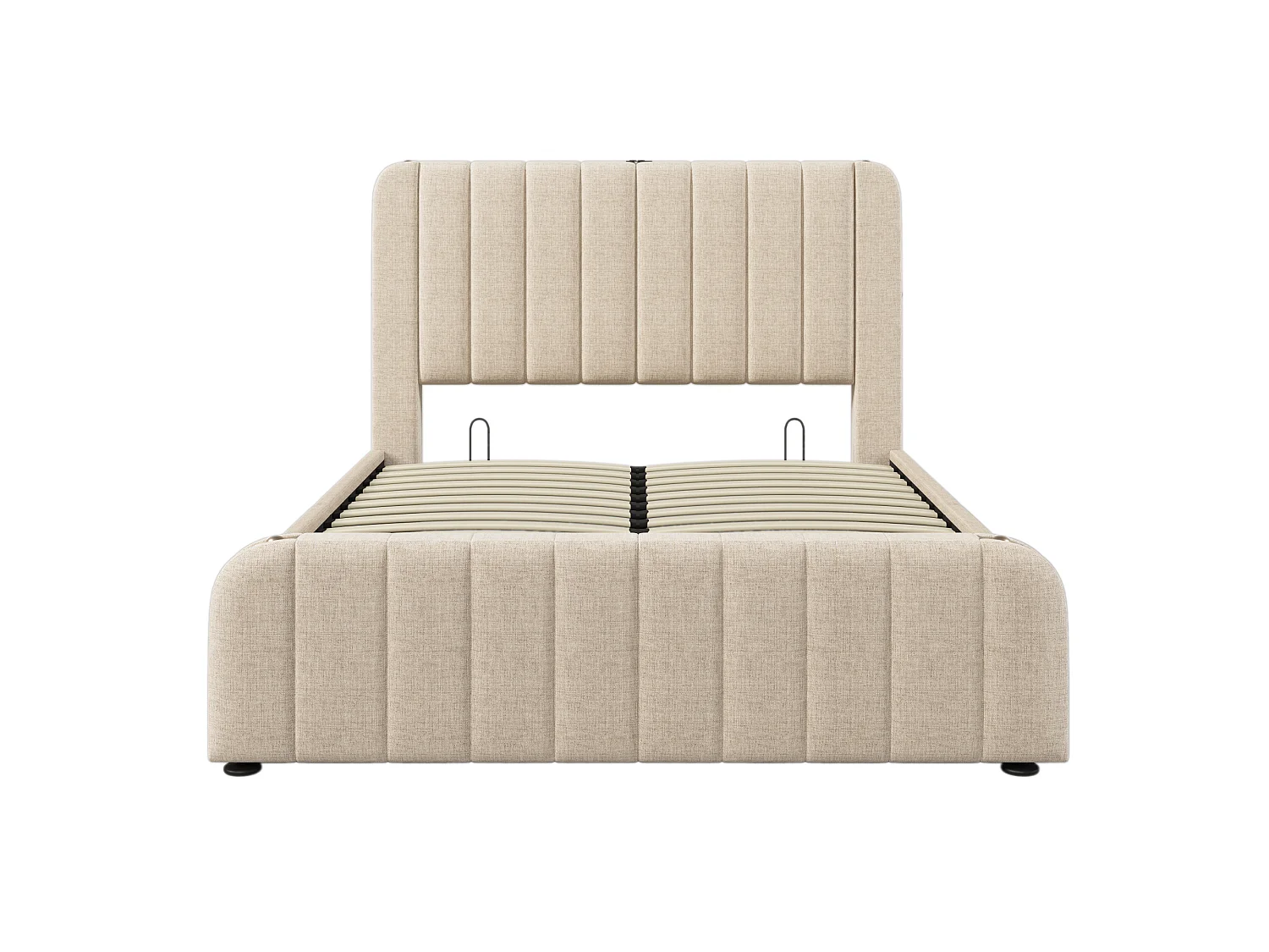 Lit coffre 140x200 cm - avec tête de lit, USB / Type-C, sommier à lattes - en lin - beige - matelas inclus