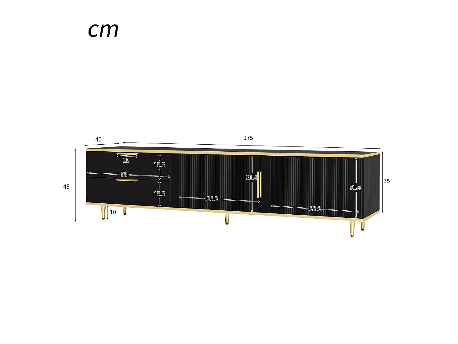 Szafka RTV czarno-złota 175x40x45 cm z 2 szufladami, 2 drzwiami i rzeźbionymi frontami