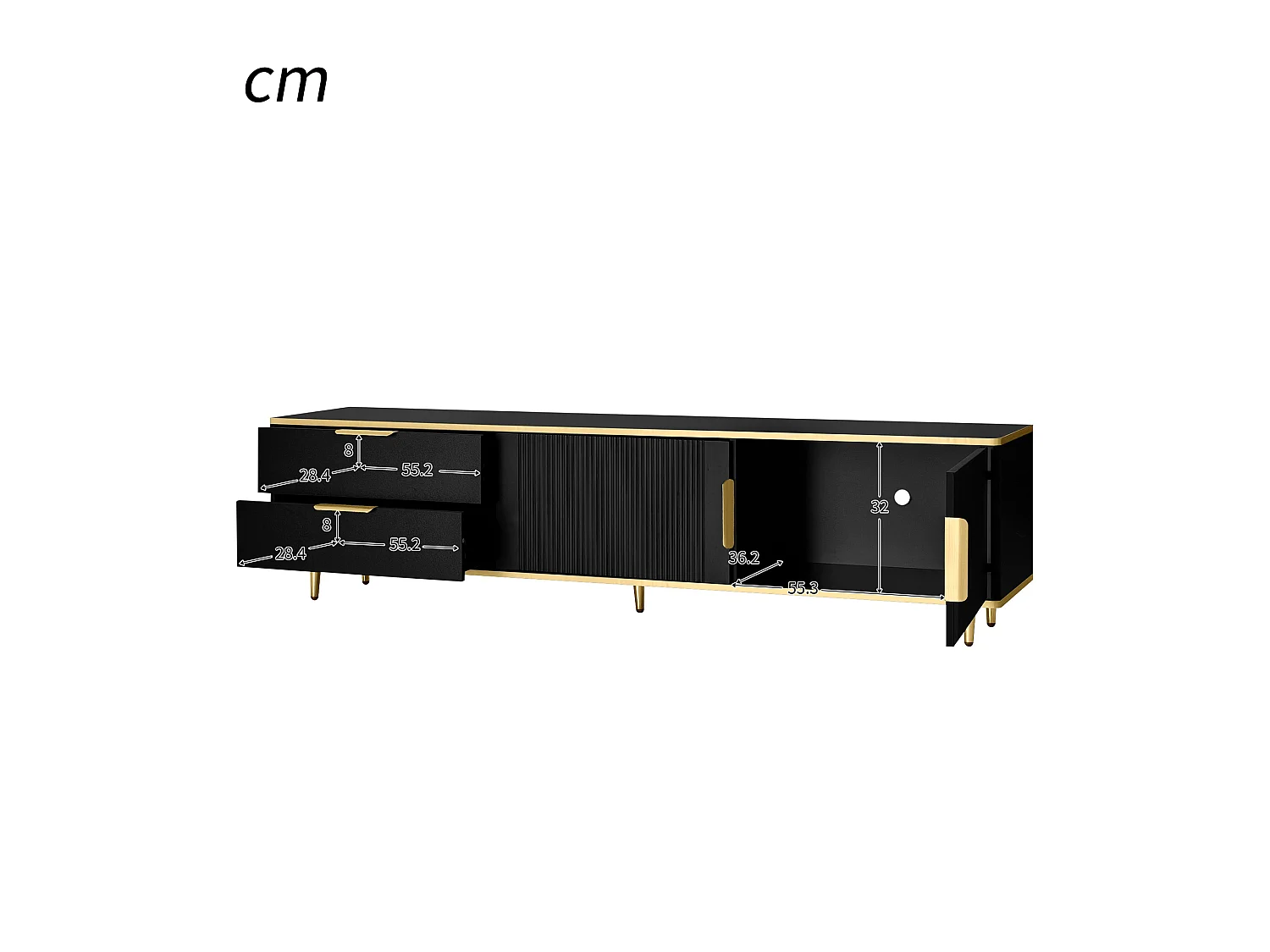 Szafka RTV czarno-złota 175x40x45 cm z 2 szufladami, 2 drzwiami i rzeźbionymi frontami