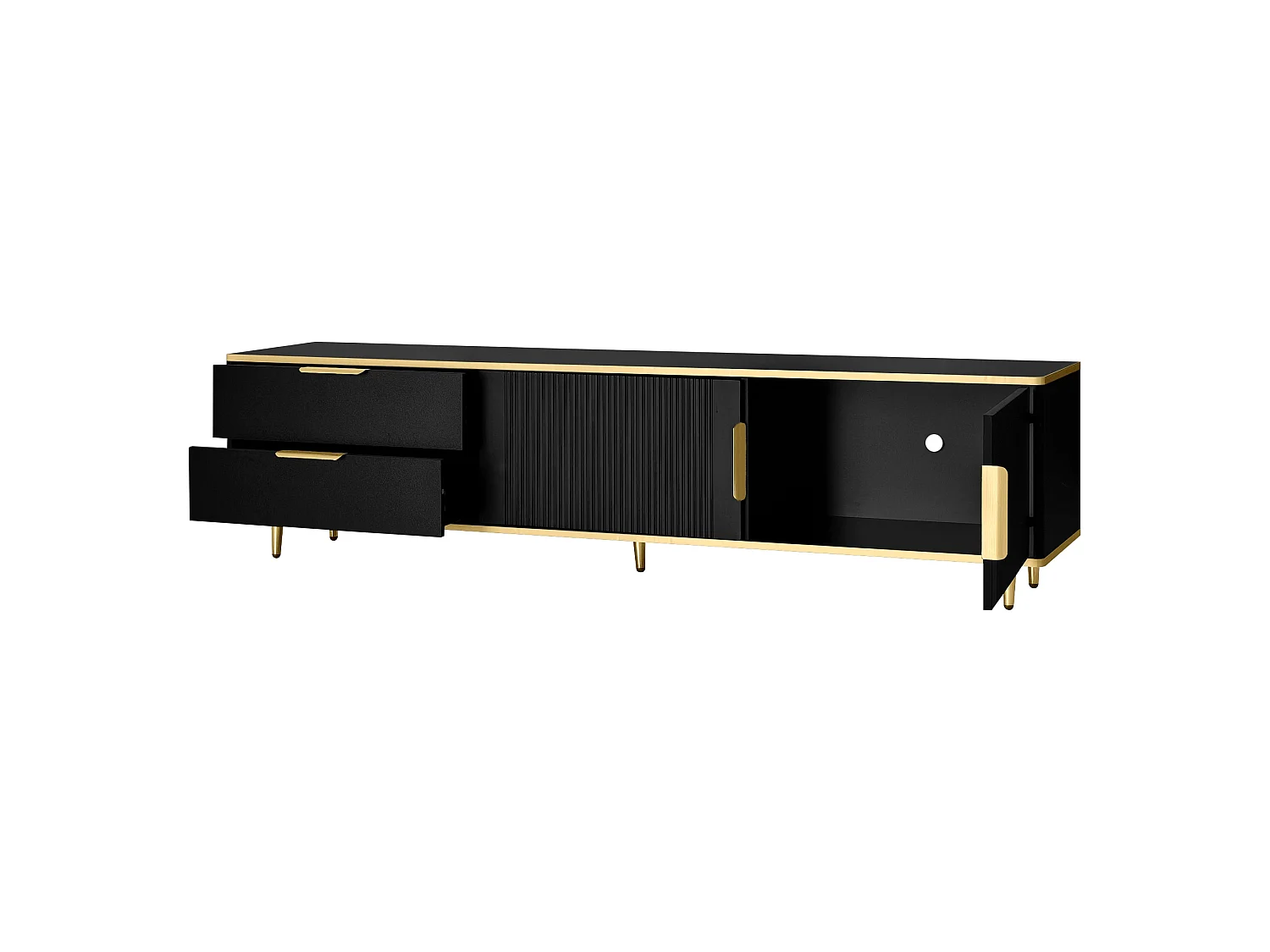 Szafka RTV czarno-złota 175x40x45 cm z 2 szufladami, 2 drzwiami i rzeźbionymi frontami