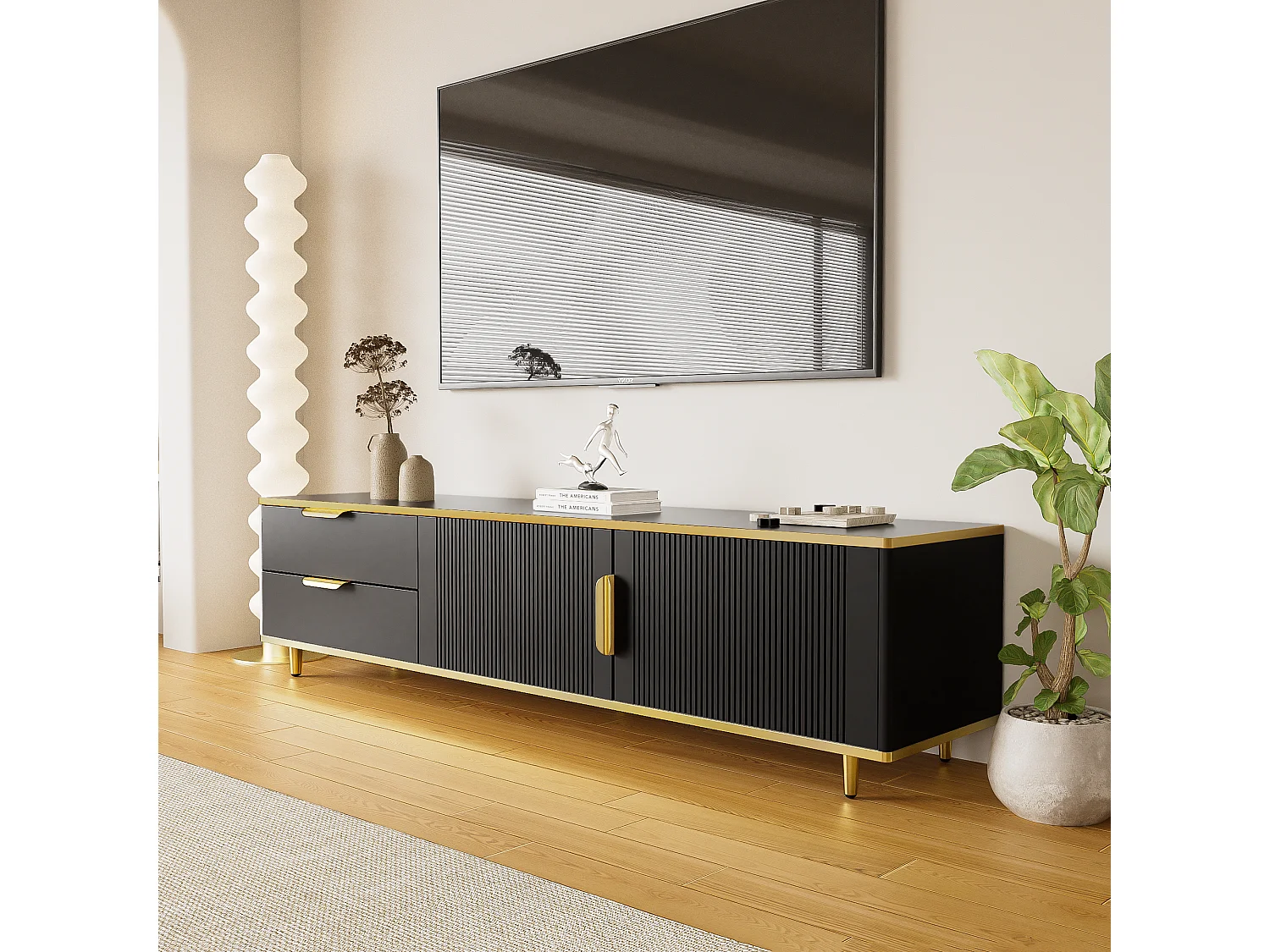 Szafka RTV czarno-złota 175x40x45 cm z 2 szufladami, 2 drzwiami i rzeźbionymi frontami