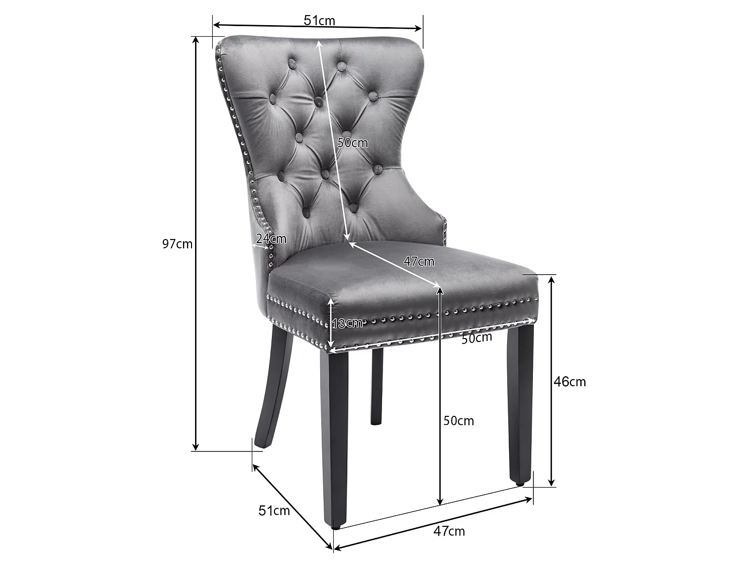 Set di 4 sedie da pranzo in velluto con decorazioni borchiate e struttura in legno – grigio – per soggiorno e sala da pranzo