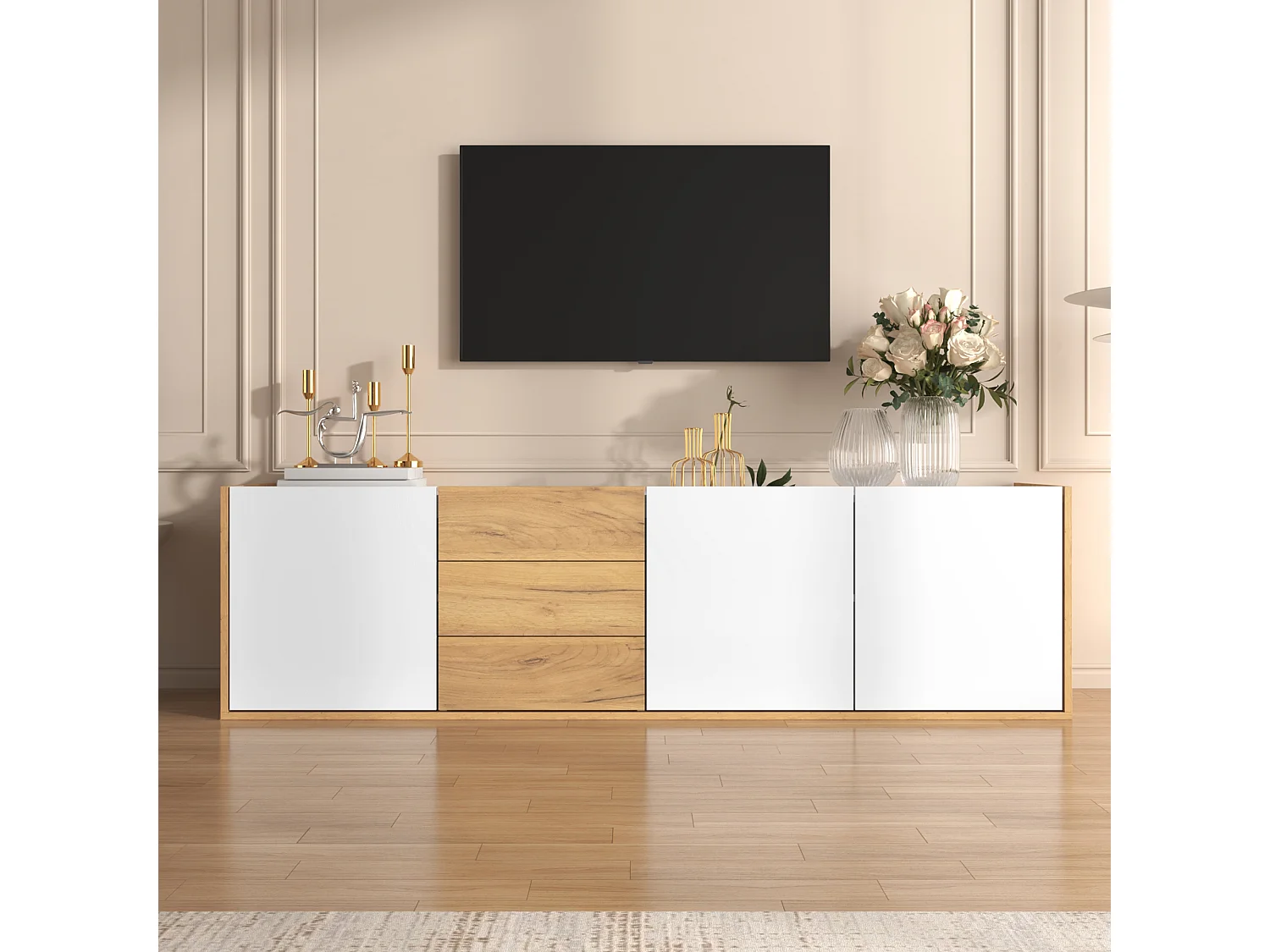 Szafka RTV biała i dekor drewno 171,5x35x47 cm, 3 drzwi, 3 szuflady, do zawieszenia lub postawienia