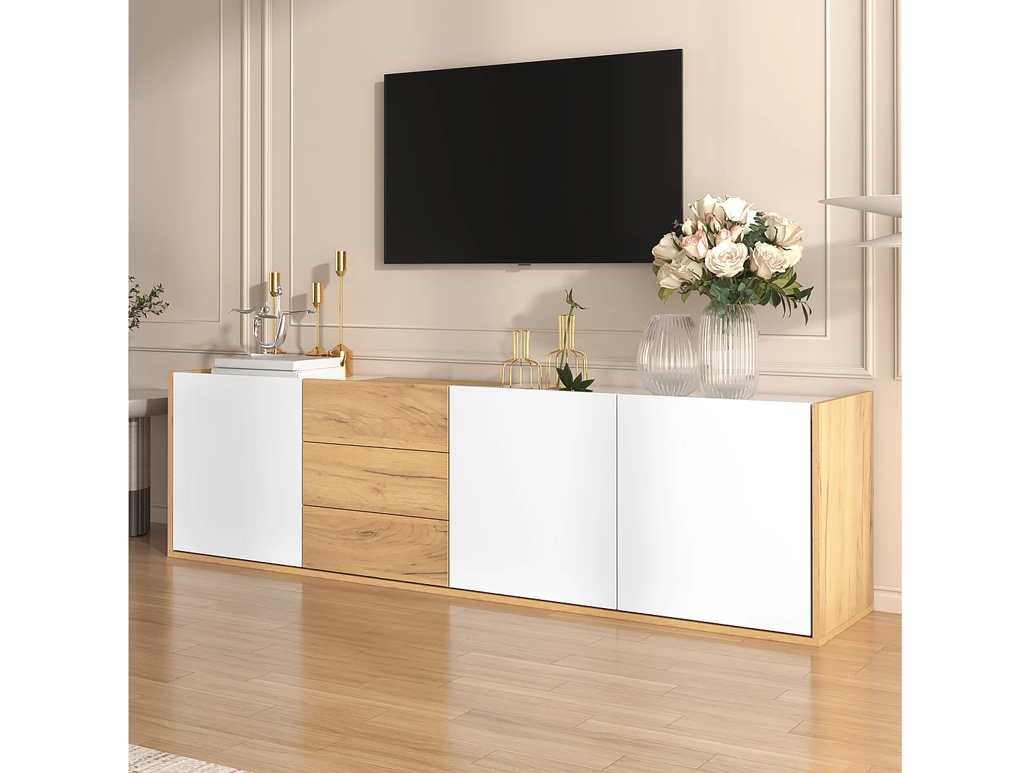 Szafka RTV biała i dekor drewno 171,5x35x47 cm, 3 drzwi, 3 szuflady, do zawieszenia lub postawienia