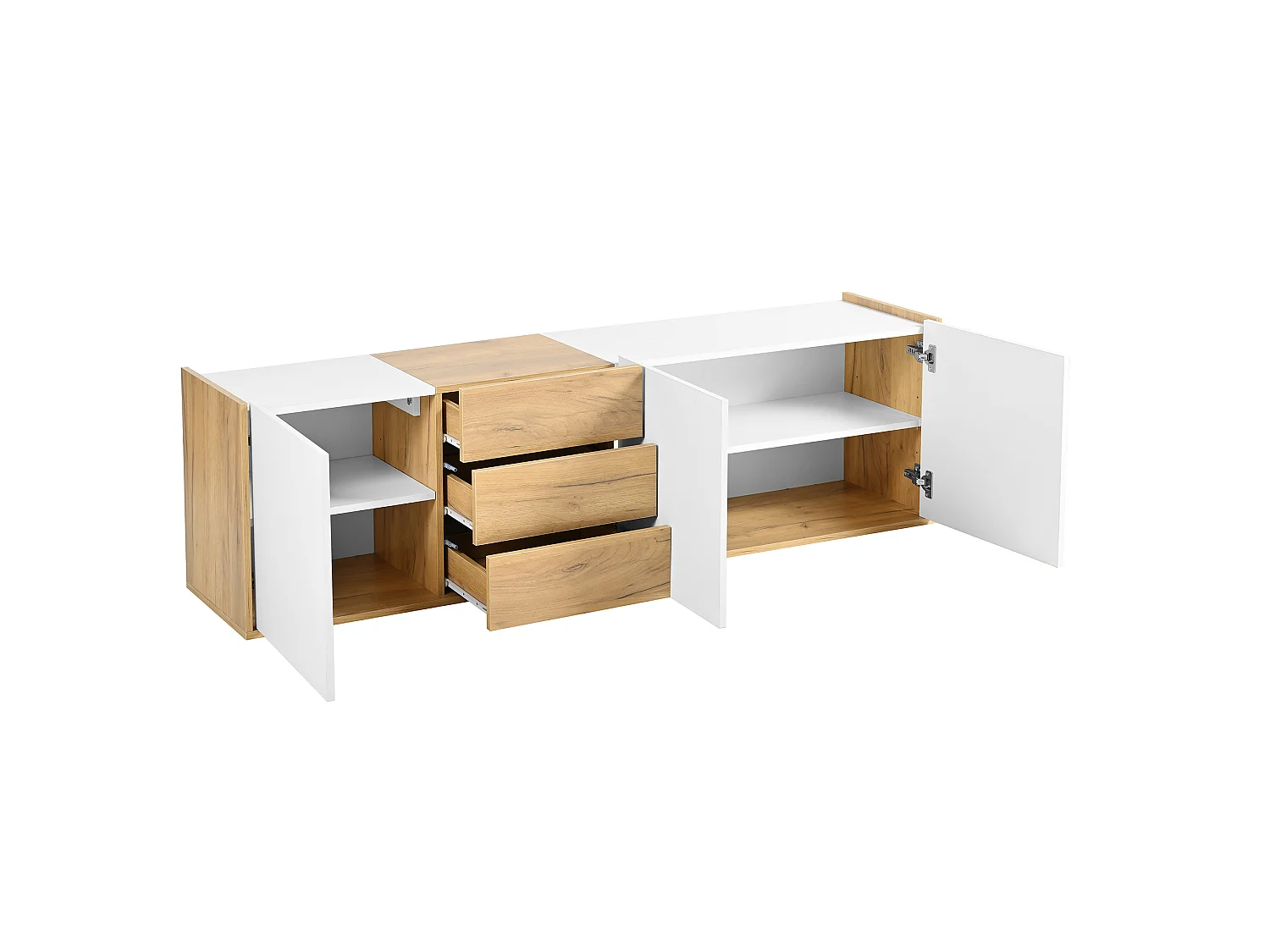 Szafka RTV biała i dekor drewno 171,5x35x47 cm, 3 drzwi, 3 szuflady, do zawieszenia lub postawienia