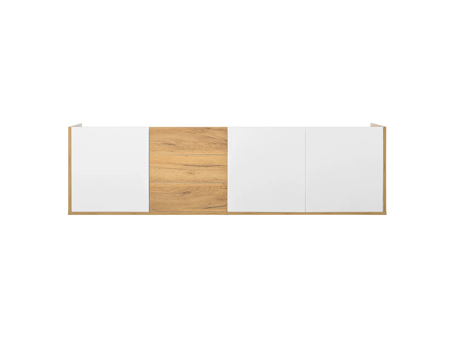Szafka RTV biała i dekor drewno 171,5x35x47 cm, 3 drzwi, 3 szuflady, do zawieszenia lub postawienia