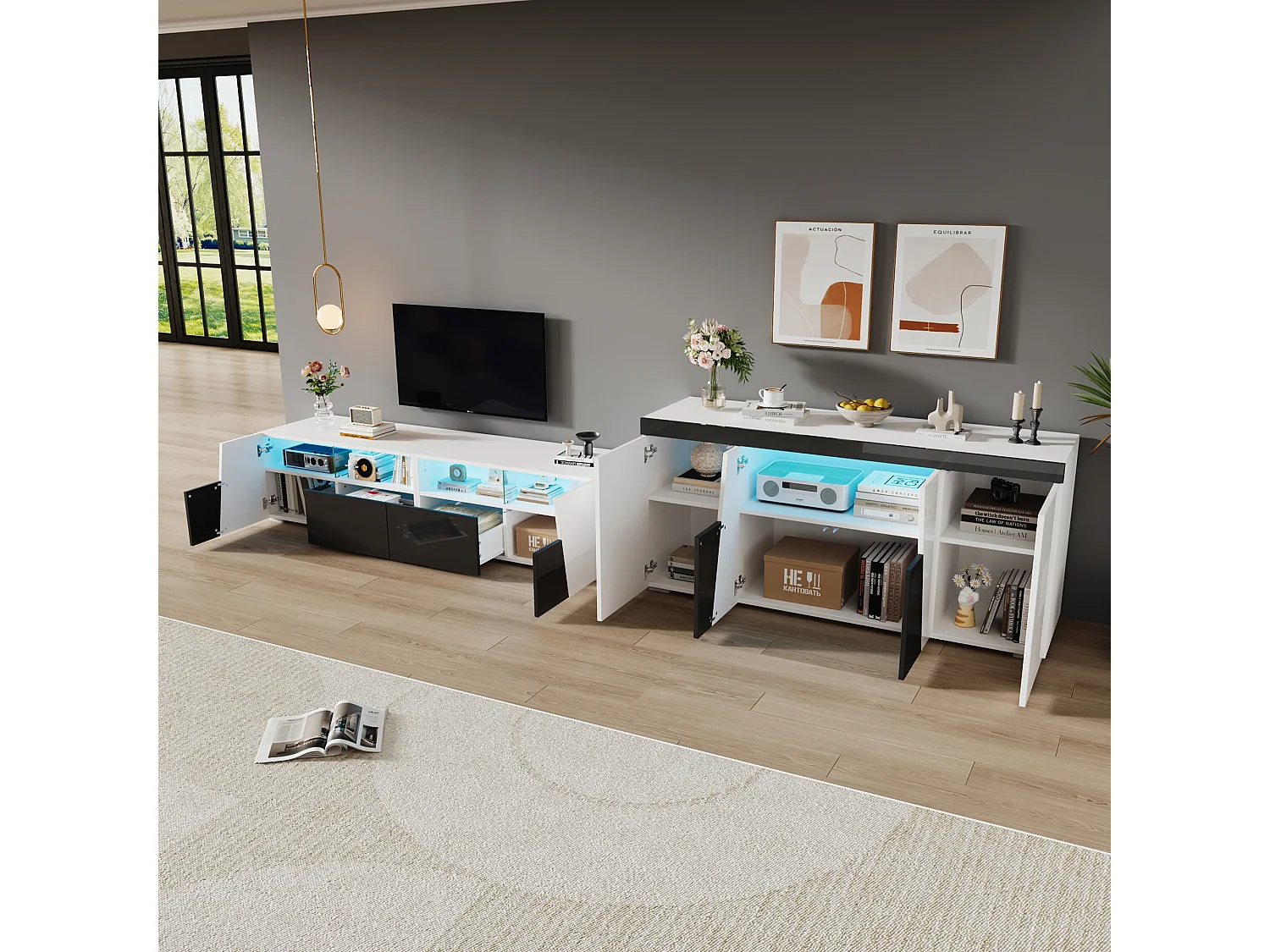 Set mueble TV y aparador blanco y negro, 180x38,5x45 cm y 140x40x65 cm, led y 6 puertas